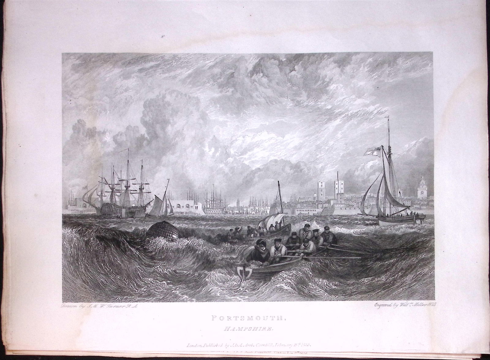 J.M.W Turner ""Portsmouth"" Views from a Southern Coast Rare Antique Copper Engraving-13: Title: J.M.W Turner "Portsmouth" Views from a Southern Coast Rare Antique Copper Engraving-13 Description: This Rare After J.M.W. Turner Copper Engraved Plate Was Removed from a&nb