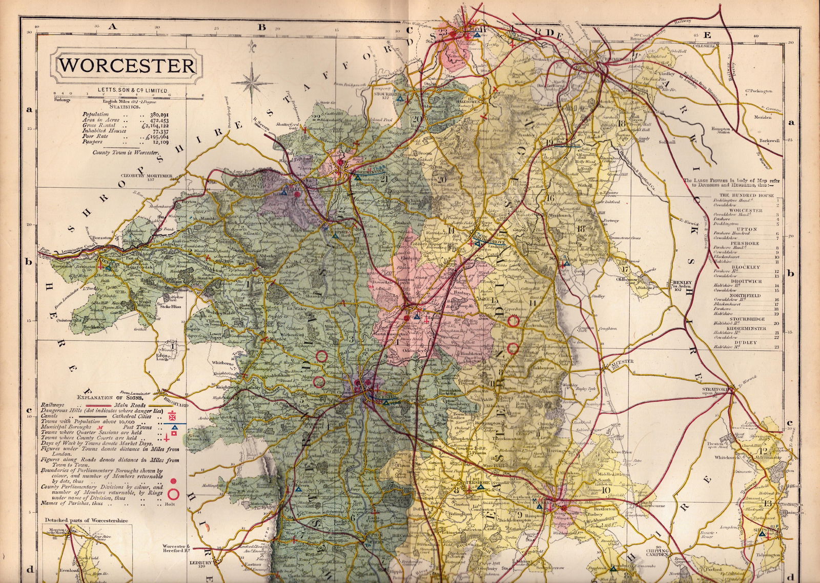 The County of Worcester Large Victorian Letts 1884 Antique Coloured Map.: Title: The County of Worcester Large Victorian Letts 1884 Antique Coloured Map. Description: Antique Map Which Was Removed from an Edition of Letts Popular Atlas. P