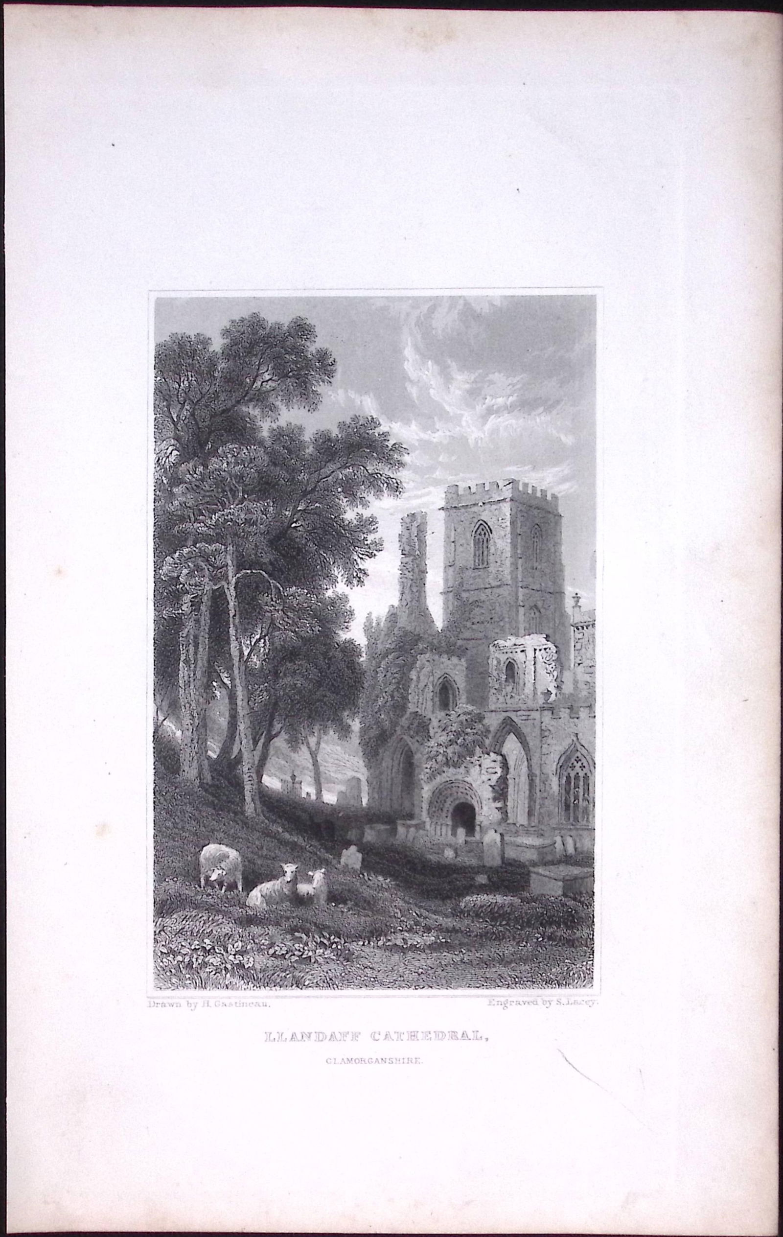 Wales-Llandaff Cathedral Antique 166-Year-Old Steel Engraving-12: Title: Wales-Llandaff Cathedral Antique 166-Year-Old Steel Engraving-12 Description: This Antique Steel Engraving Was Removed from a 166-Year-Old Edition of. B. B. Woodward’s The History