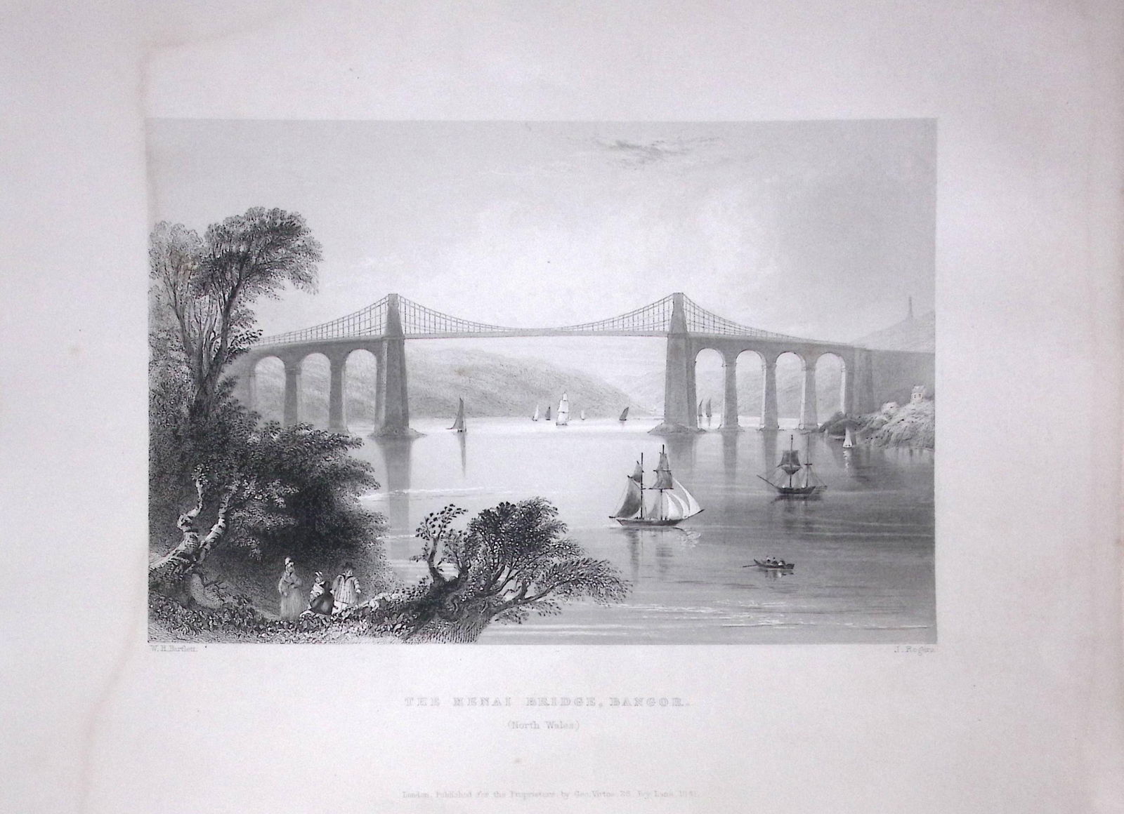 The Menai Bridge Bangor Wales WH Bartlett 1842 Antique Steel Engraving-125: Title: The Menai Bridge Bangor Wales WH Bartlett 1842 Antique Steel Engraving-125 Description: This Steel Engraved Print Has Been Removed from an Antique 1842 Edition of. Finden’s The
