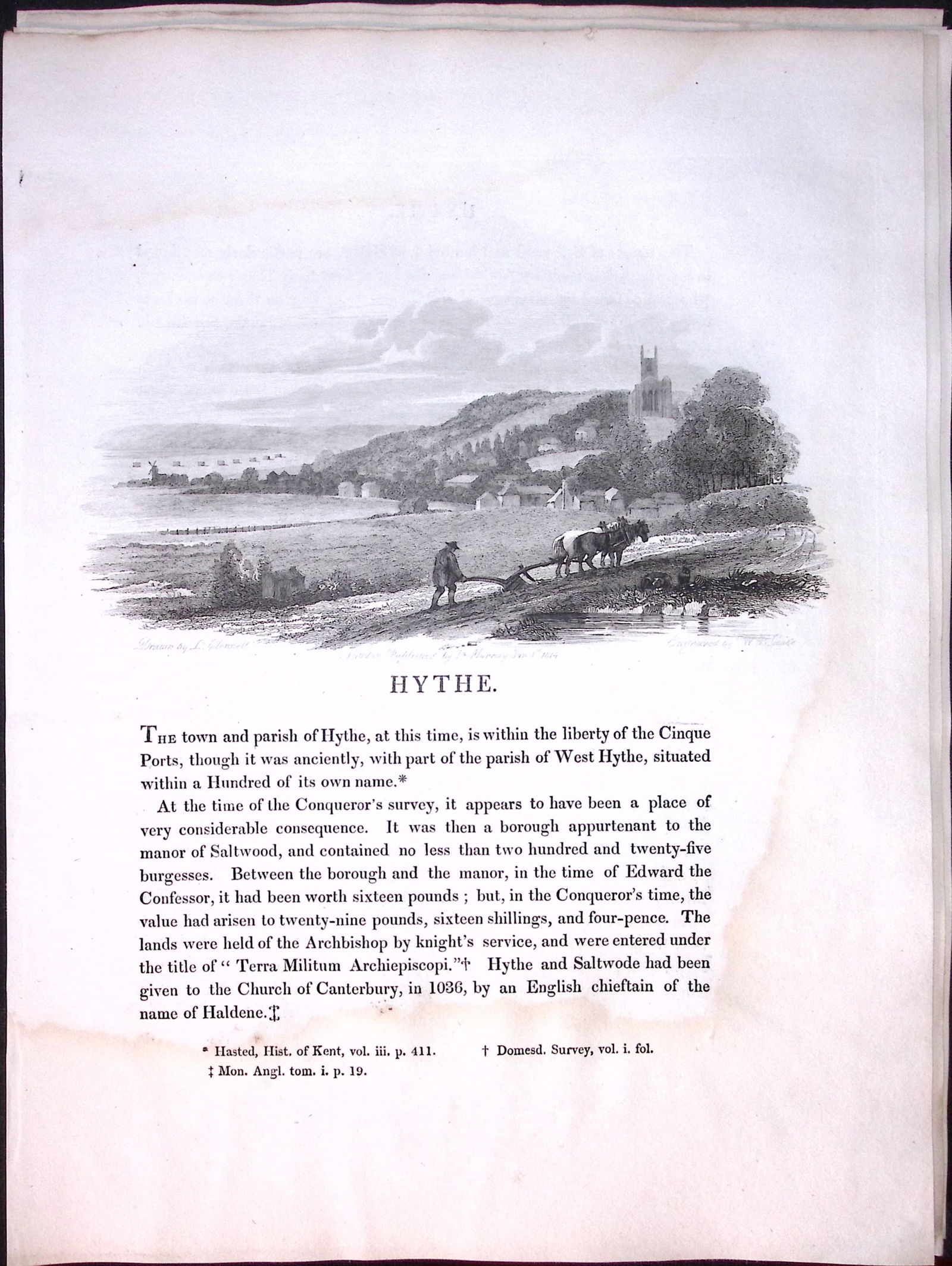 J.M.W Turner ""Kent-Hythe” Views from a Southern Coast Rare Copper Engraving-54: Title: J.M.W Turner "Kent-Hythe” Views from a Southern Coast Rare Copper Engraving-54 Description: This Rare After J.M.W. Turner Copper Engraved Plate Was Removed from a 200 Y