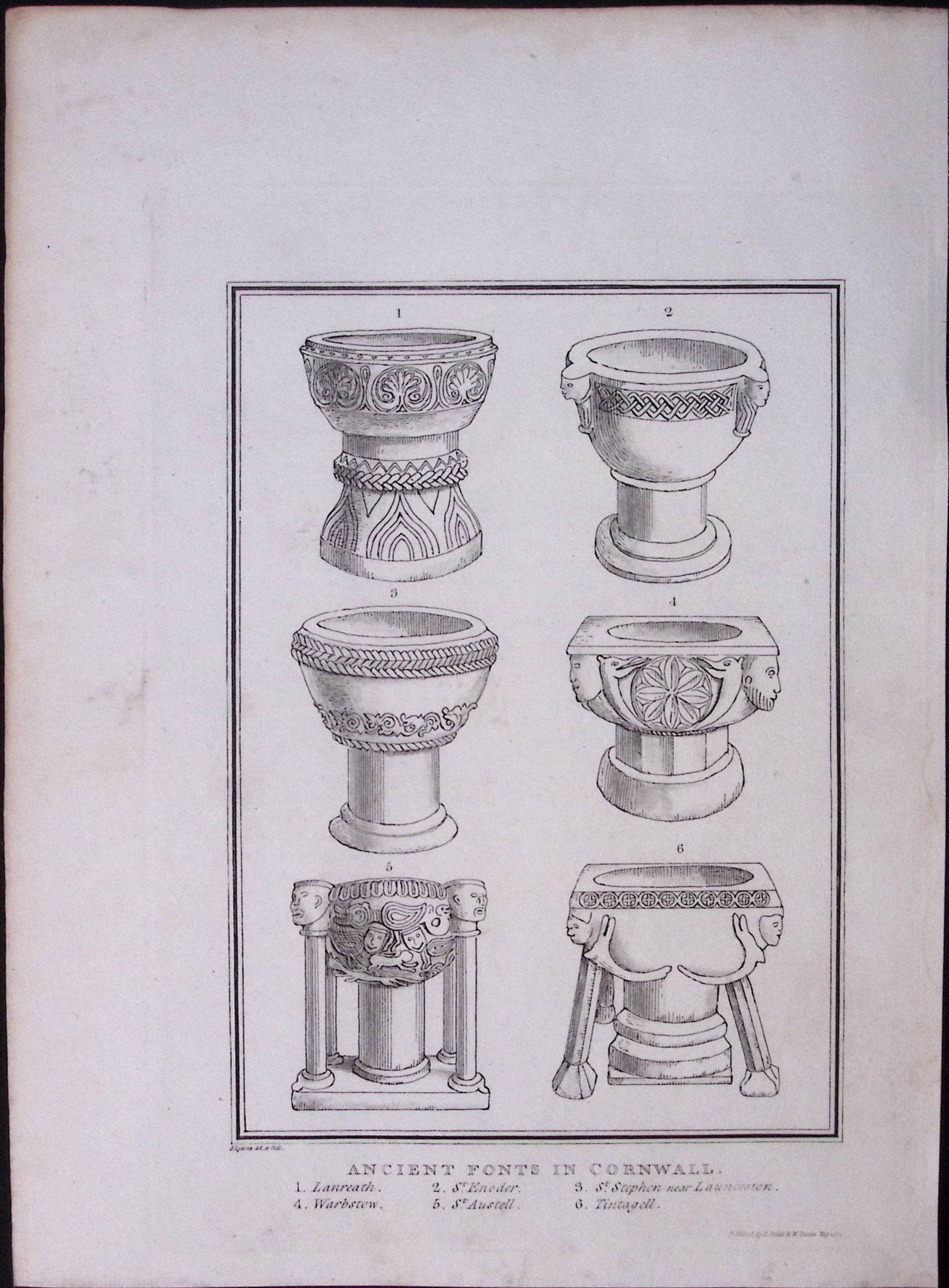 Cornwall Ancient Church Fonts 211 Years-Old Rare Antique Copper Plate Etching.: Title: Cornwall Ancient Church Fonts 211 Years-Old Rare Antique Copper Plate Etching. Description: This 211-Year-Old Antique Copper Plate Etching Was Removed From. An Antique Edition of a