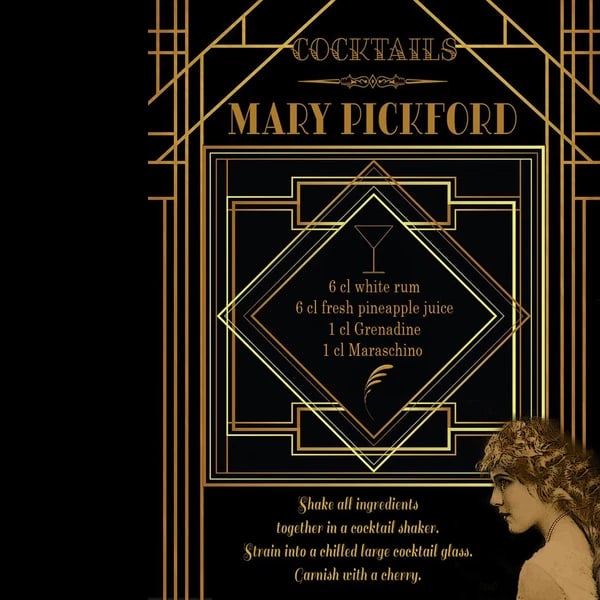 Mary Pickford Swinging 1920's American Art Deco Cocktail Large Metal Wall Art: Title: Mary Pickford Swinging 1920's American Art Deco Cocktail Large Metal Wall Art Description: ★ Approx Size 12” x 8” (Inches) 300 x 200 (mm).