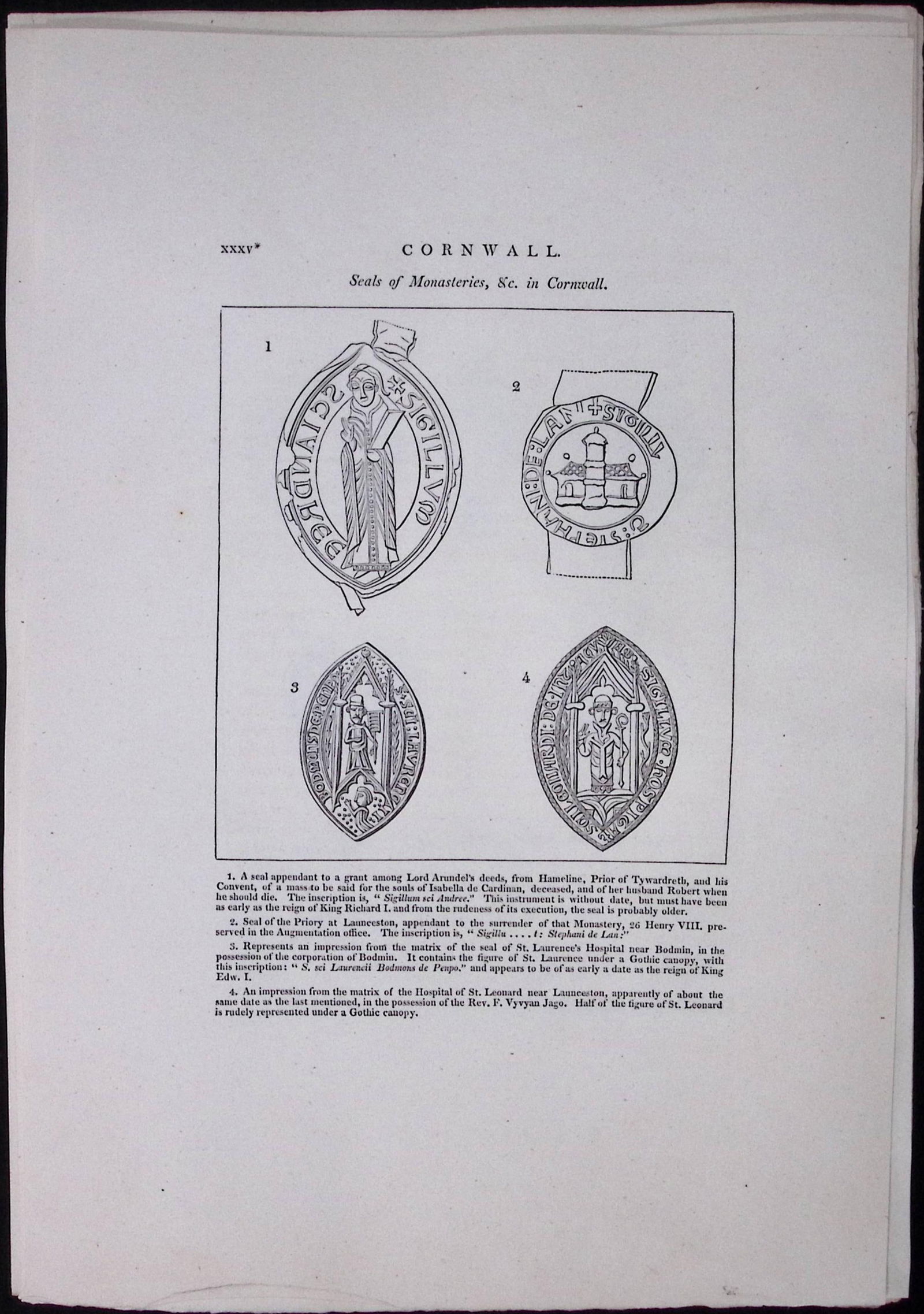 Cornwall Ancient Seals Of Monasteries Rare Large Antique Copper Plate Etching: Title: Cornwall Ancient Seals Of Monasteries Rare Large Antique Copper Plate Etching Description: This 211-Year-Old Antique Copper Plate Etching Was Removed From. An Antique Edition of a