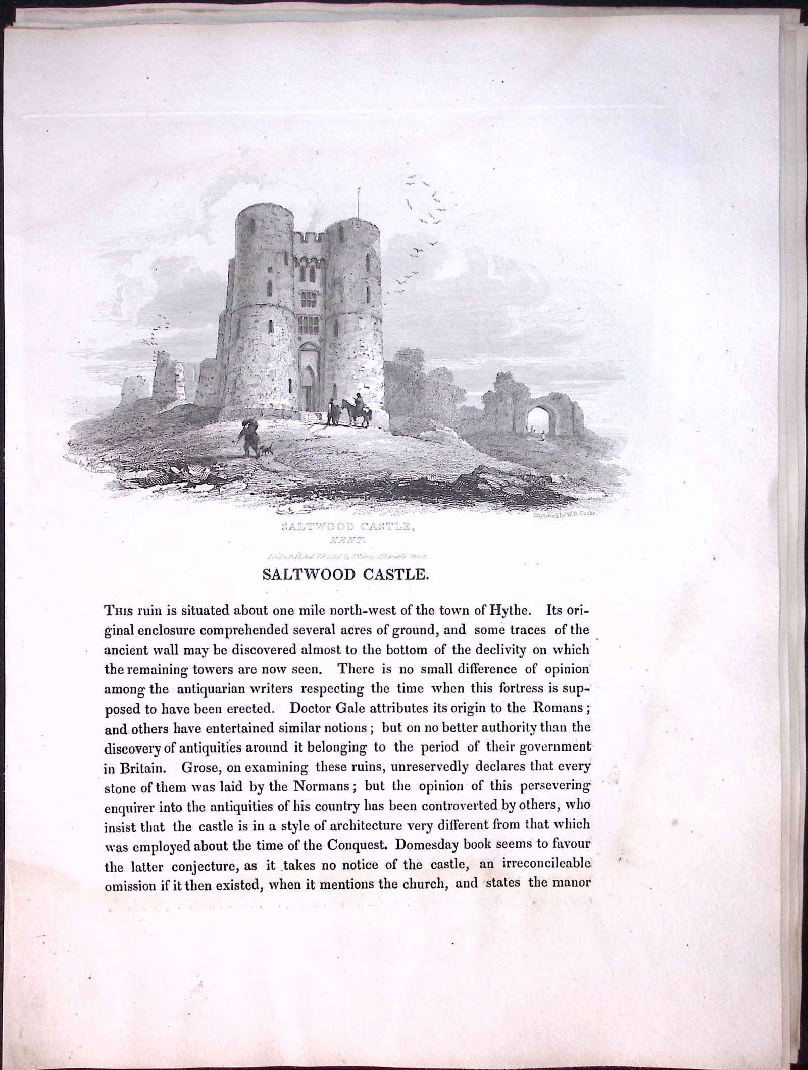 J.M.W Turner ""Kent-Saltwood Castle” Views from a Southern Coast Rare Copper Engraving-55: Title: J.M.W Turner "Kent-Saltwood Castle” Views from a Southern Coast Rare Copper Engraving-55 Description: This Rare After J.M.W. Turner Copper Engraved Plate Was Removed fr