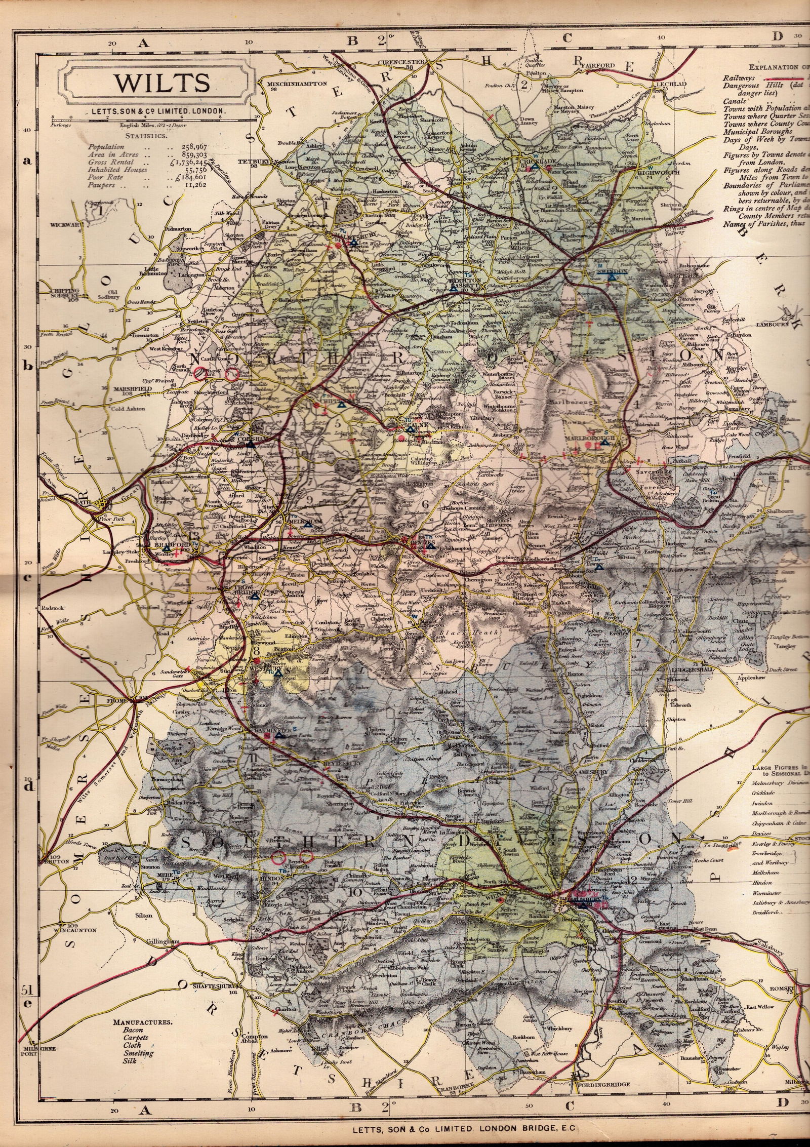 The County of Wiltshire Large Victorian Letts 1884 Antique Coloured Map.: Title: The County of Wiltshire Large Victorian Letts 1884 Antique Coloured Map. Description: Antique Map Which Was Removed from an Edition of Letts Popular Atlas. P