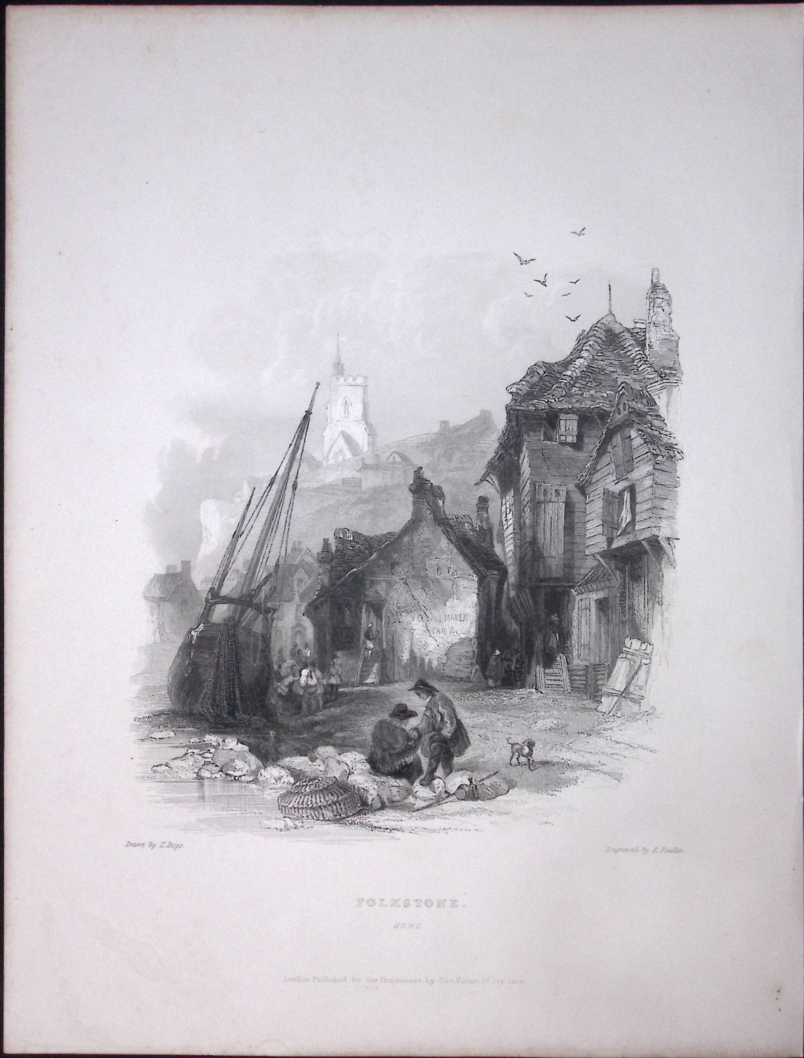 Folkestone Harbour Kent WH Bartlett 183 Years-Old Antique Steel Engraving-13: Title: Folkestone Harbour Kent WH Bartlett 183 Years-Old Antique Steel Engraving-13 Description: This Steel Engraved Print Has Been Removed from an Antique 1842 Edition of.