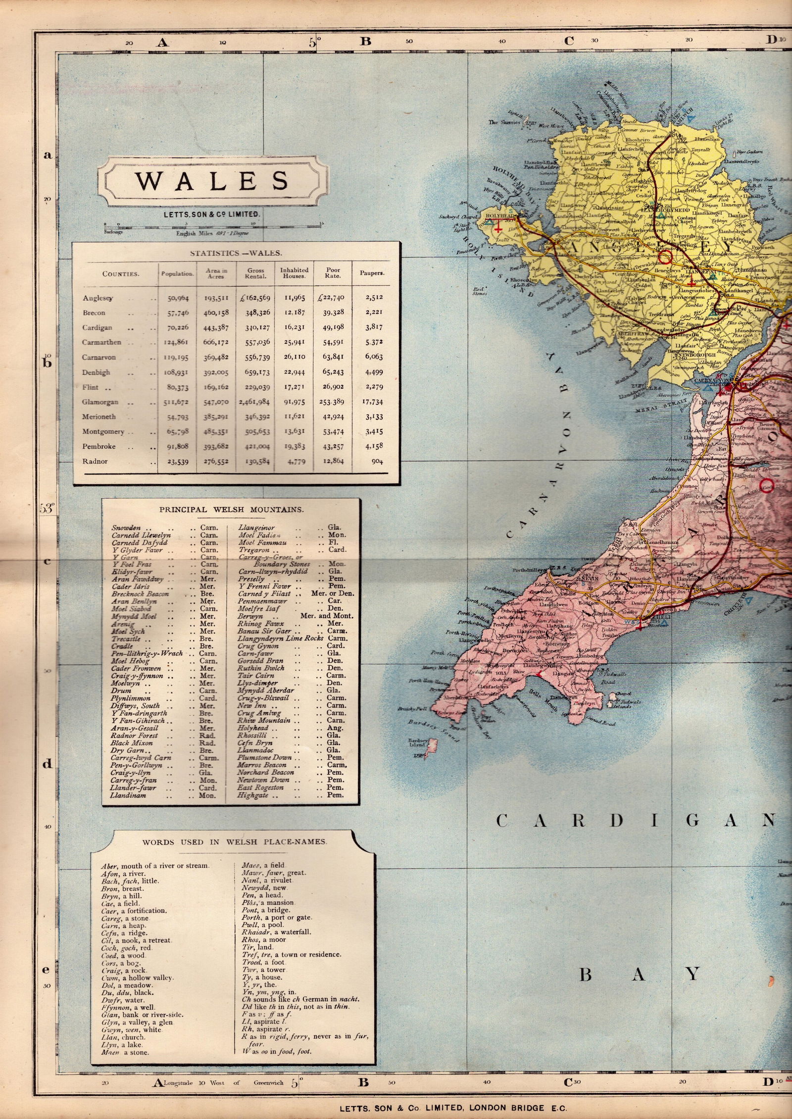 North Wales Large Victorian Letts 1884 Antique Coloured Map.: Title: North Wales Large Victorian Letts 1884 Antique Coloured Map. Description: Antique Map Which Was Removed from an Edition of Letts Popular Atlas. Published In