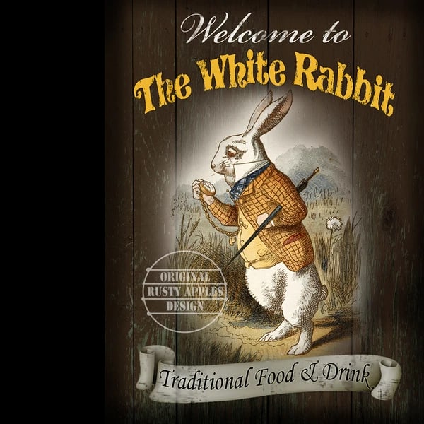 White Rabbit Alice in Wonderland Traditional Style Pub Sign Large Metal Wall Art: Title: White Rabbit Alice in Wonderland Traditional Style Pub Sign Large Metal Wall Art Description: ★ Approx Size 12” x 8” (Inches) 300 x 200 (mm).
