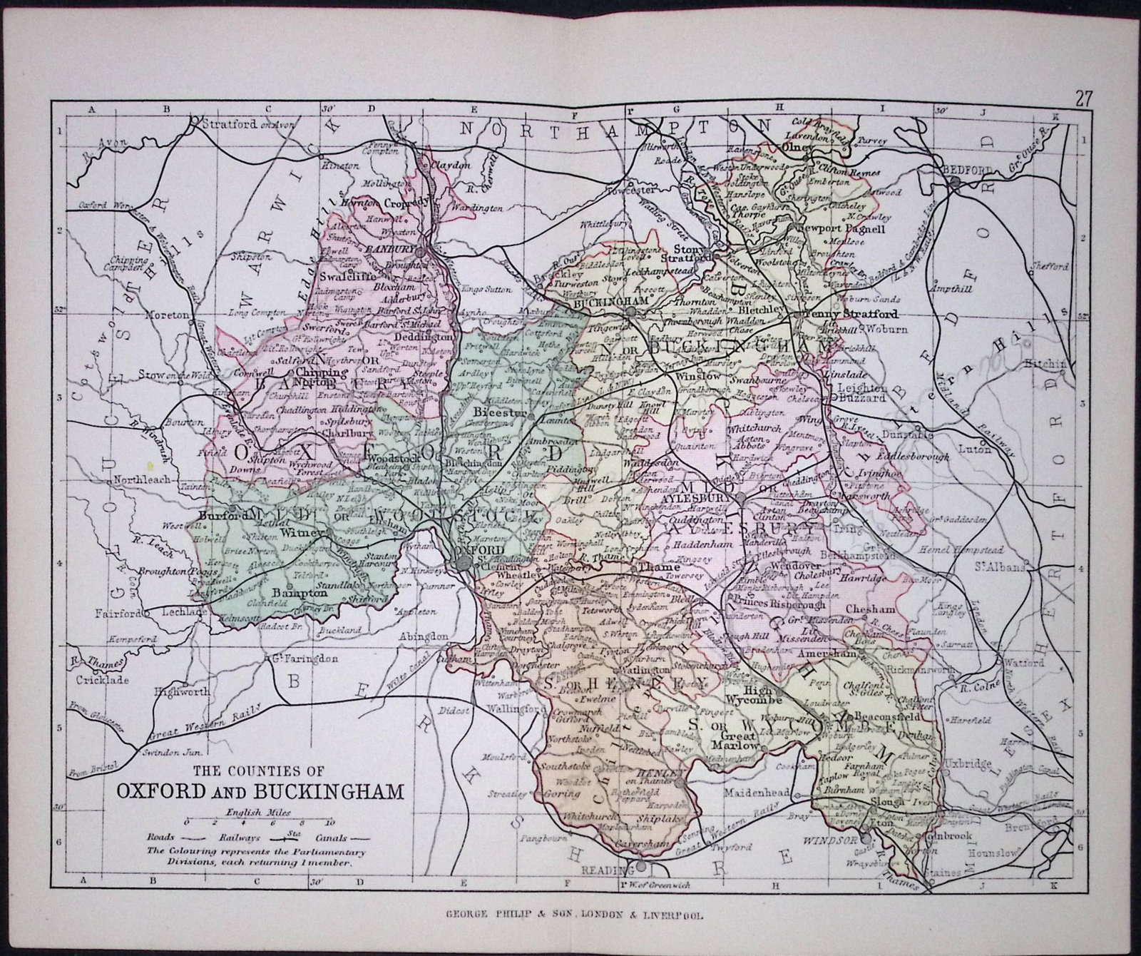 County of Oxfordshire 1895 Antique Victorian Coloured Map.: Title: County of Oxfordshire 1895 Antique Victorian Coloured Map. Description: This Coloured Detailed Map Was Removed from an Antique Edition of. Philips Handy Atla