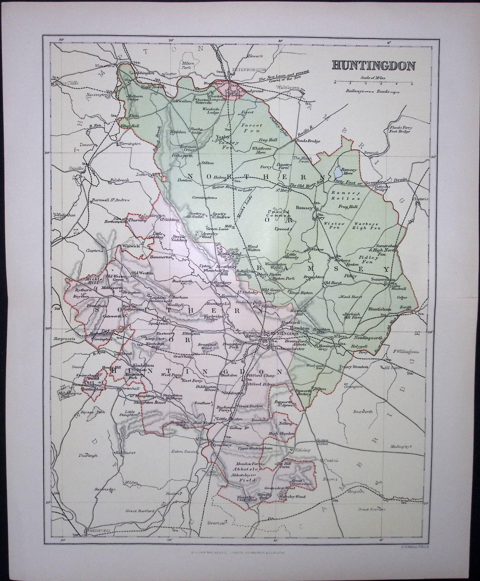 Huntingdonshire Detailed 1894 Antique Coloured 130 Years-Old Map.: Title: Huntingdonshire Detailed 1894 Antique Coloured 130 Years-Old Map. Description: This is an 1894 Antique Coloured Map Which Has Been Removed. From an Antique E