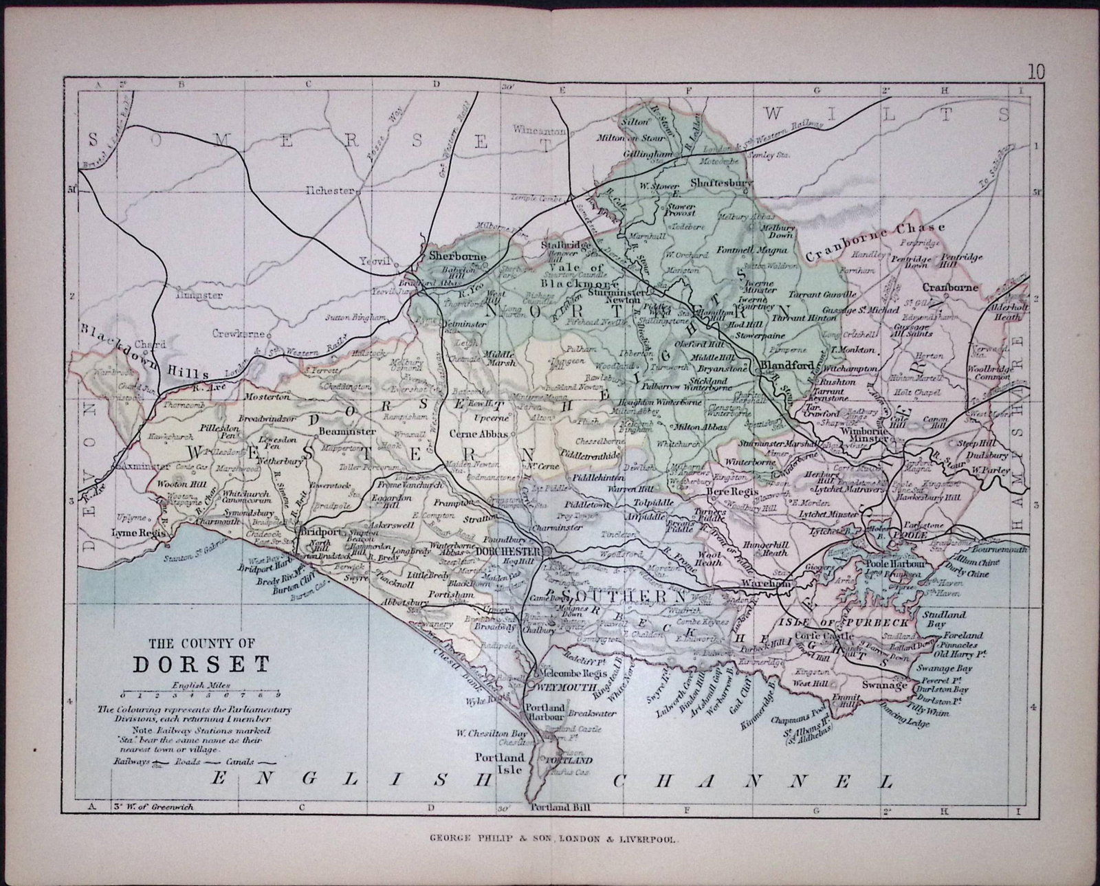 County of Dorsetshire 1895 Antique Victorian Coloured Map.: Title: County of Dorsetshire 1895 Antique Victorian Coloured Map. Description: This Coloured Detailed Map Was Removed from an Antique Edition of. Philips Handy Atla