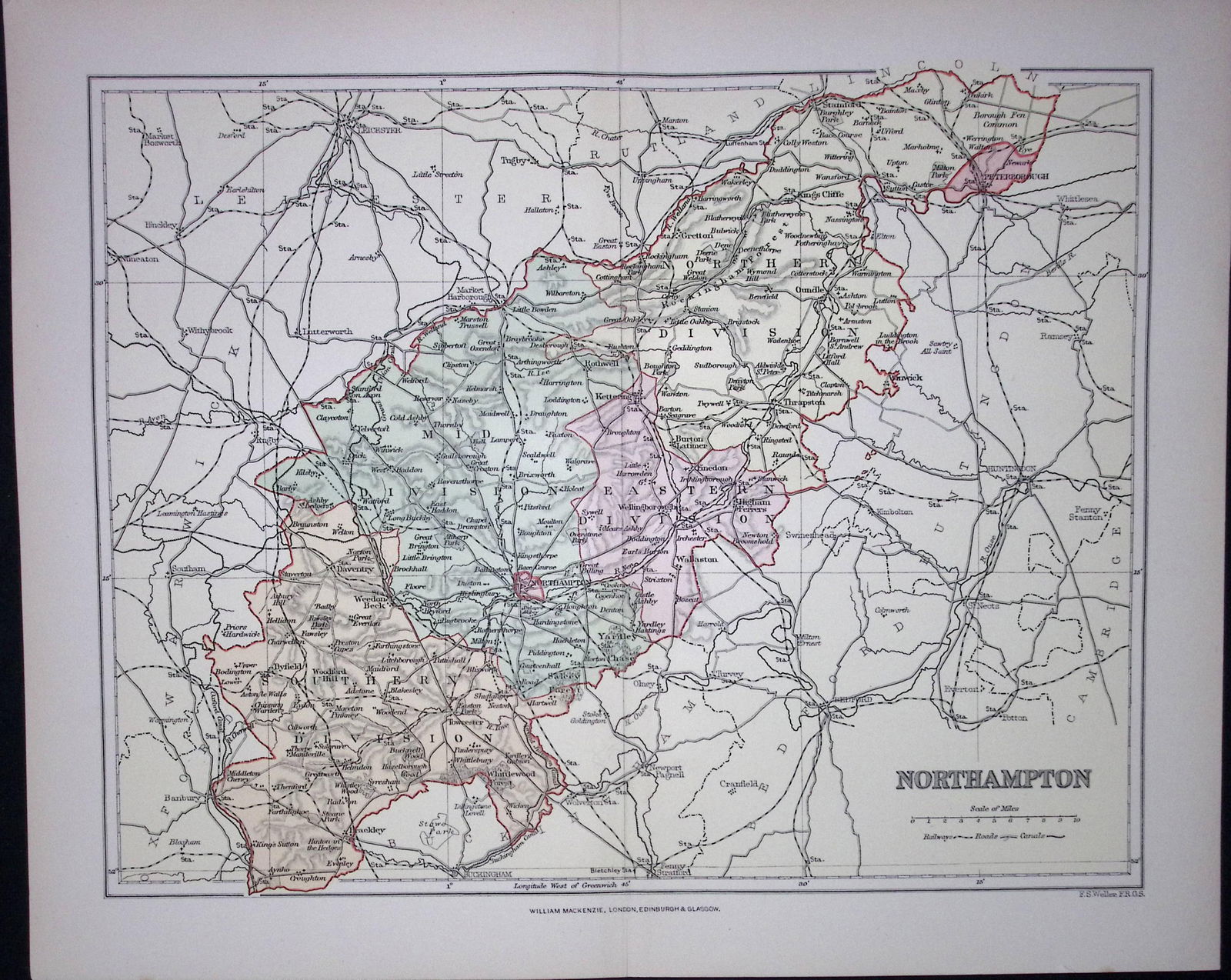 Northamptonshire Detailed 1894 Antique Coloured 130 Years-Old Map.: Title: Northamptonshire Detailed 1894 Antique Coloured 130 Years-Old Map. Description: This is an 1894 Antique Coloured Map Which Has Been Removed. From an Antique Edition of 'The Comprehensive