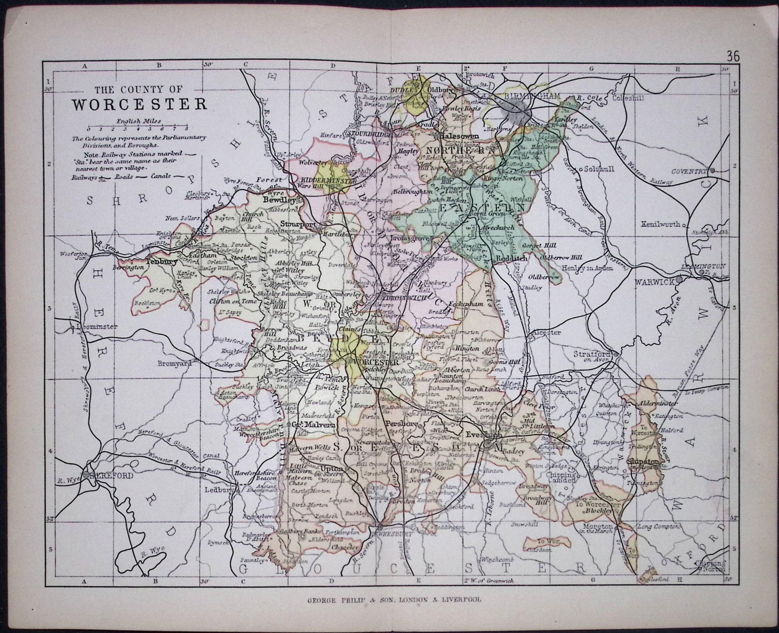 County of Worcestershire 1895 Antique Victorian Coloured Map.: Title: County of Worcestershire 1895 Antique Victorian Coloured Map. Description: This Coloured Detailed Map Was Removed from an Antique Edition of. Philips Handy A
