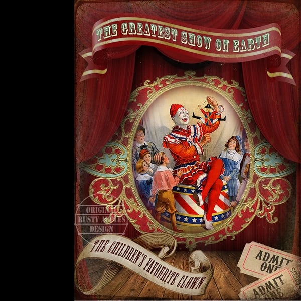 Children's Clown "" The Greatest Show On Earth"" Vintage Style Circus Metal Art: Title: Children's Clown " The Greatest Show On Earth" Vintage Style Circus Metal Art Description: ★ Approx Size 12” x 8” (Inches) 300 x 200 (mm). ★ Our Metal Art Design