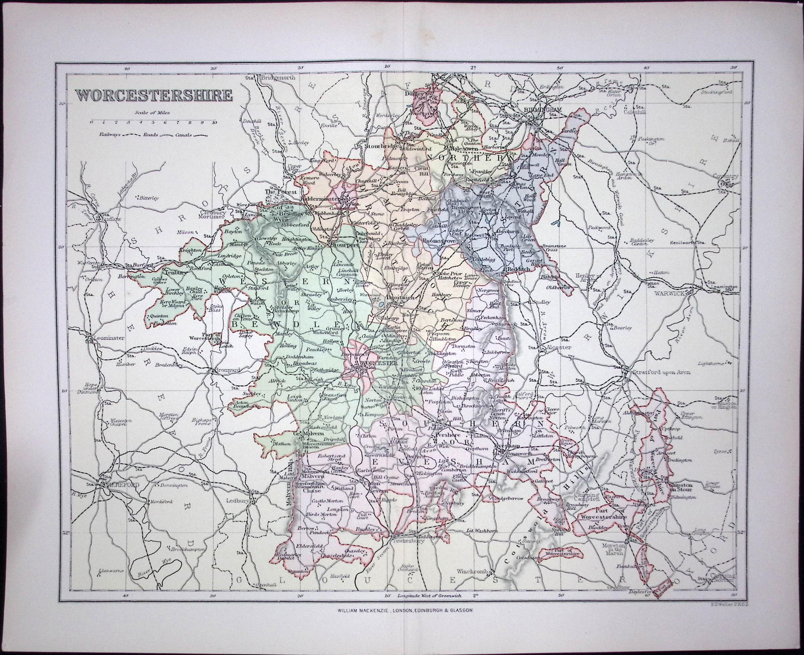 Worcestershire Detailed 1894 Antique Coloured 130 Years-Old Map.: Title: Worcestershire Detailed 1894 Antique Coloured 130 Years-Old Map. Description: This is an 1894 Antique Coloured Map Which Has Been Removed. From an Antique Edition of 'T
