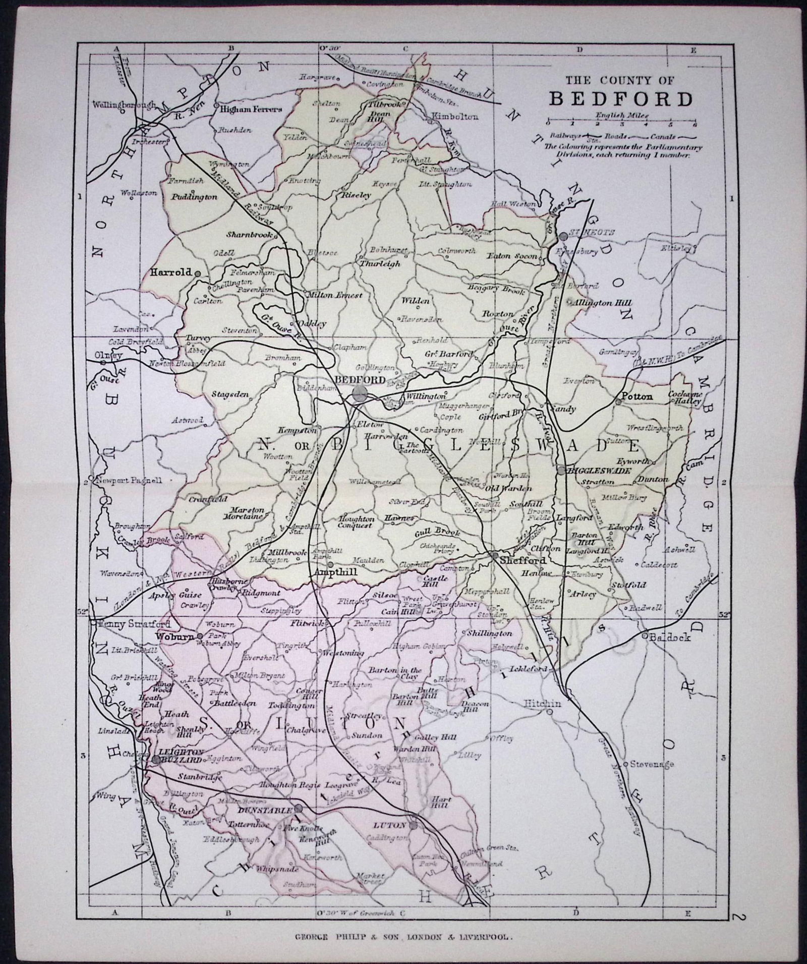 County Of Bedfordshire 1895 Antique Victorian Coloured Map: Title: County Of Bedfordshire 1895 Antique Victorian Coloured Map Description: This Coloured Detailed Map Was Removed from an Antique Edition of. Philips Handy Atla