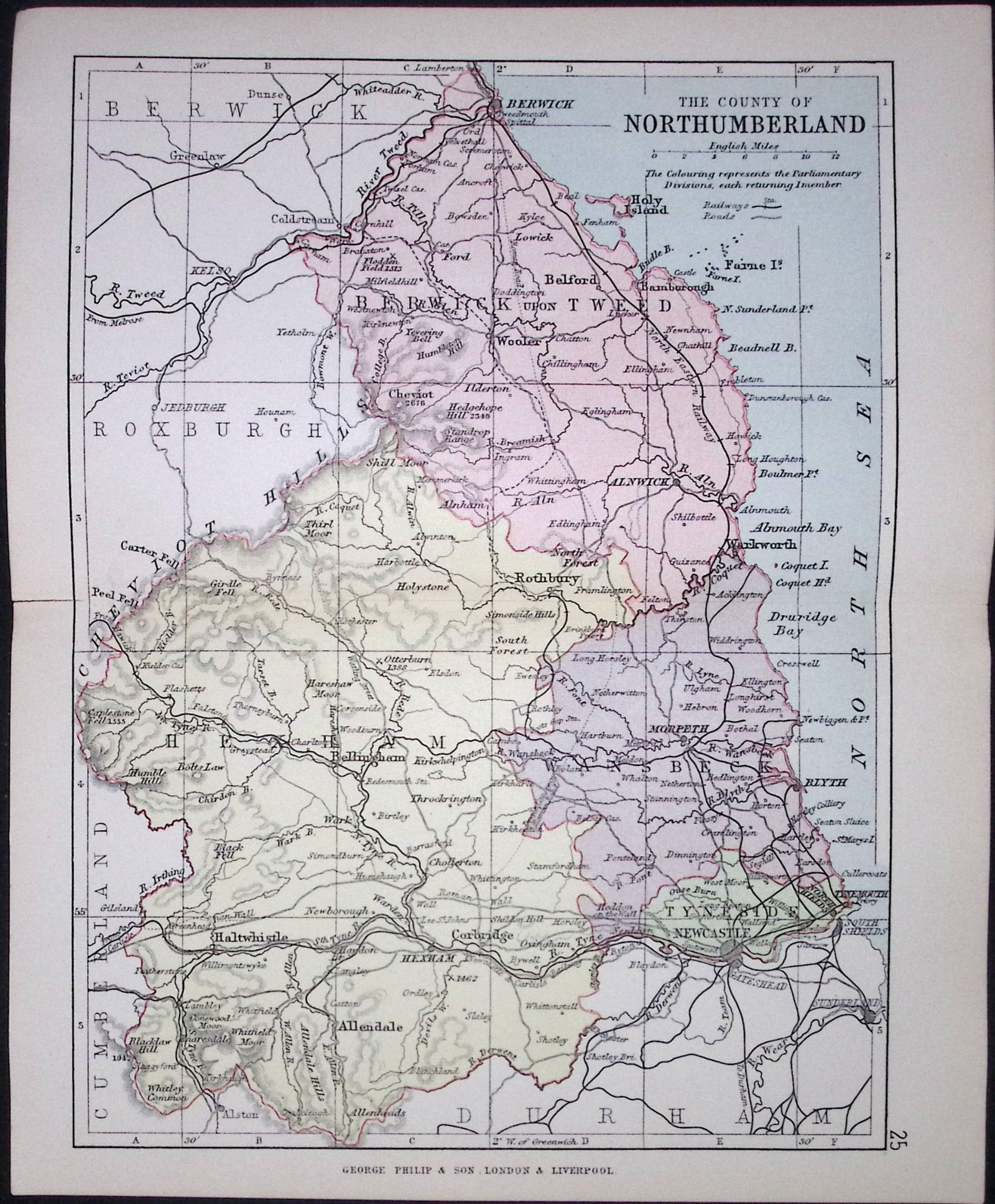 County of Northumberland 1895 Antique Victorian Coloured Map.: Title: County of Northumberland 1895 Antique Victorian Coloured Map. Description: This Coloured Detailed Map Was Removed from an Antique Edition of. Philips Handy A