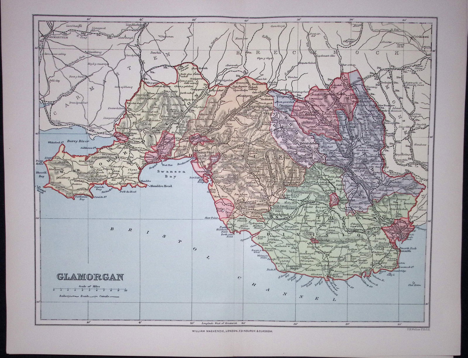 Wales Glamorganshire Detailed 1894 Coloured Antique 130 Years-Old Map.: Title: Wales Glamorganshire Detailed 1894 Coloured Antique 130 Years-Old Map. Description: This is an 1894 Antique Coloured Map Which Has Been Removed. From an Antique Edition