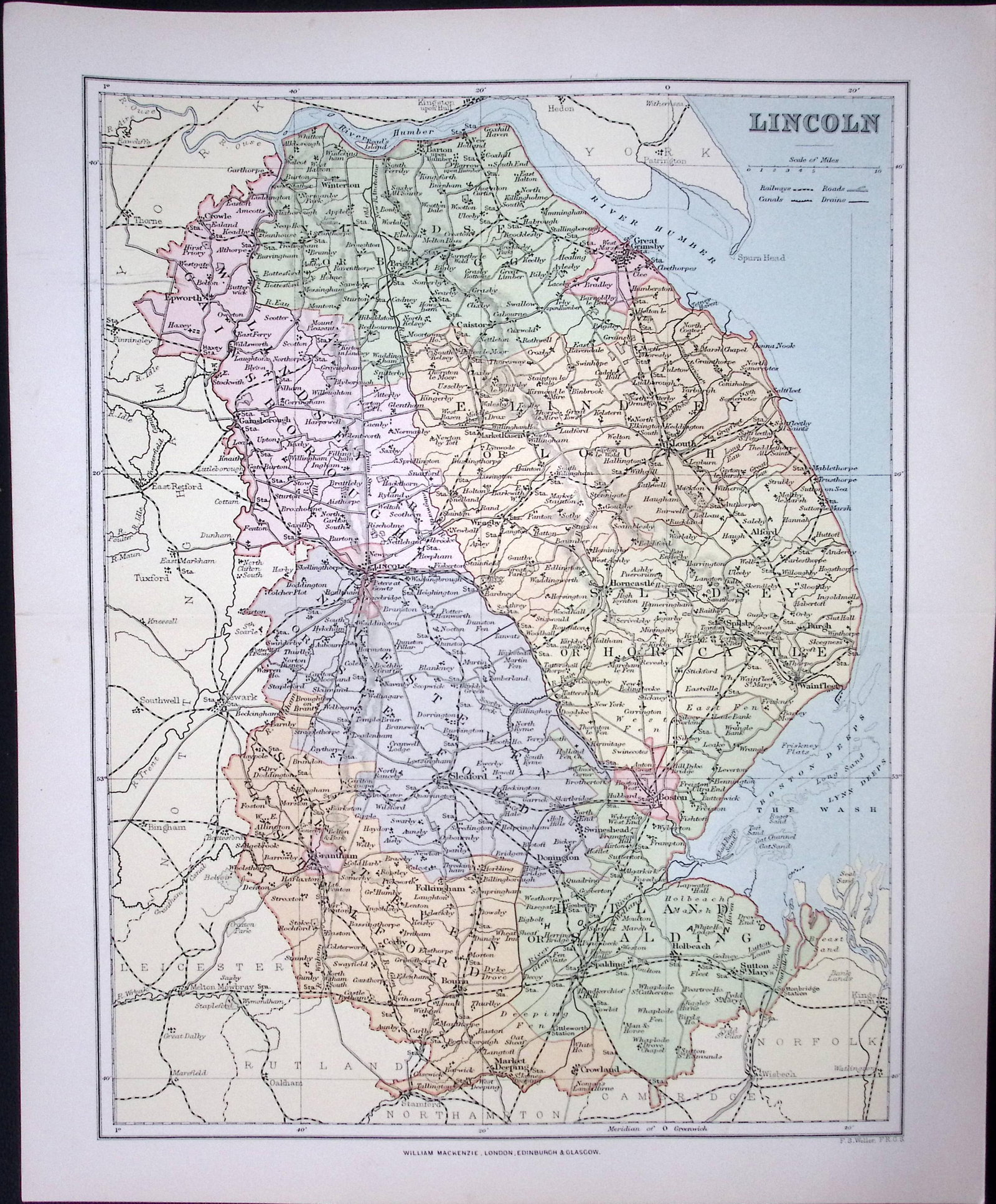 Lincolnshire 1894 Antique Coloured 130 Years-Old Map.: Title: Lincolnshire 1894 Antique Coloured 130 Years-Old Map. Description: This is an 1894 Antique Coloured Map Which Has Been Removed. From an Antique Edition of 'The Comprehe