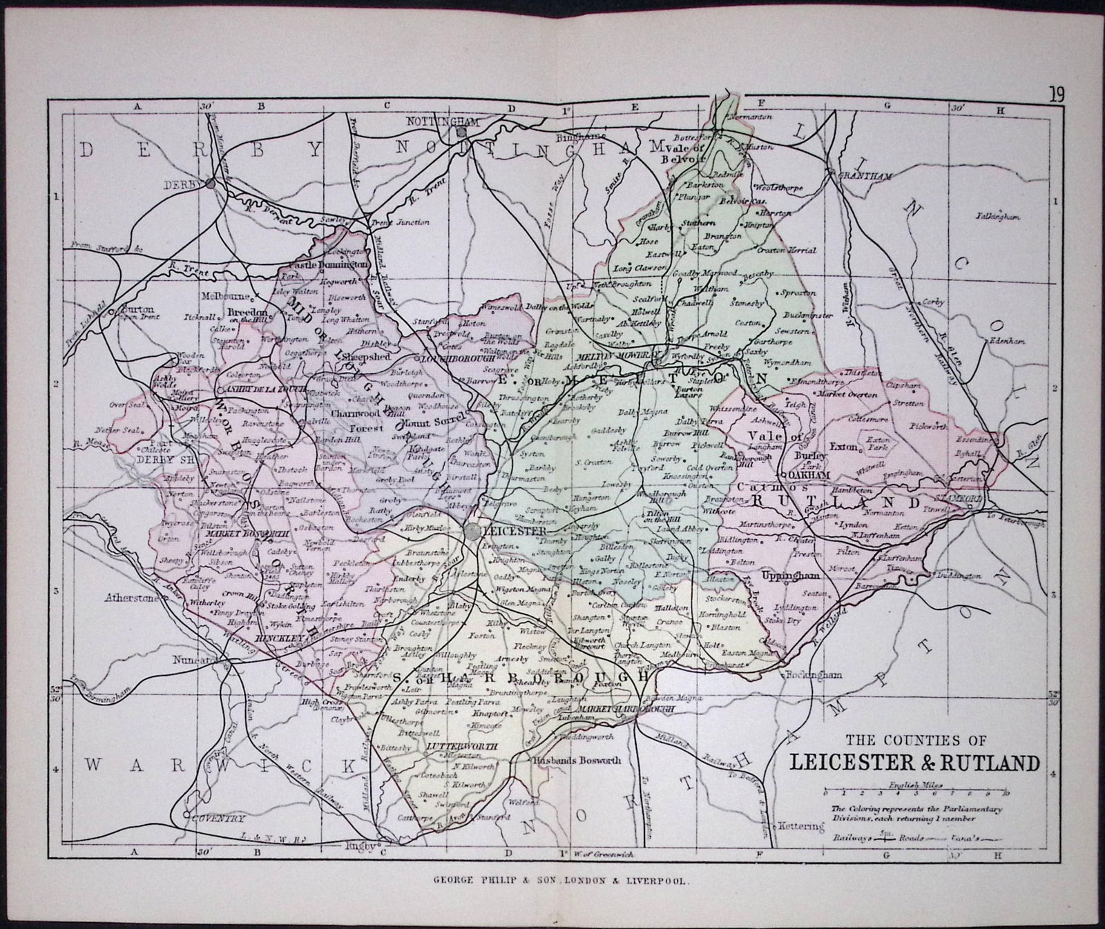 County of Leicestershire 1895 Antique Victorian Coloured Map.: Title: County of Leicestershire 1895 Antique Victorian Coloured Map. Description: This Coloured Detailed Map Was Removed from an Antique Edition of. Philips Handy A