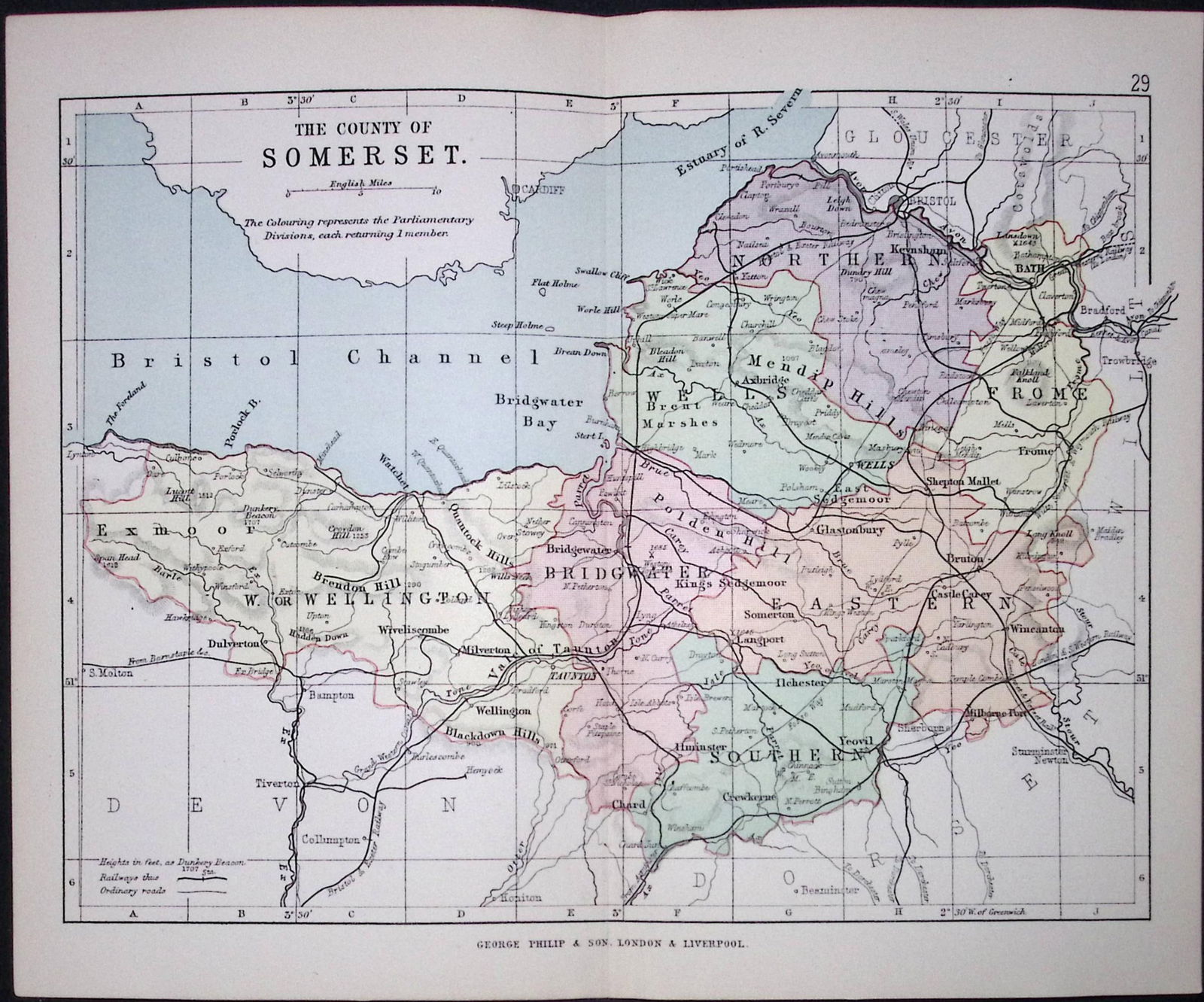 County of Somersetshire 1895 Antique Victorian Coloured Map.: Title: County of Somersetshire 1895 Antique Victorian Coloured Map. Description: This Coloured Detailed Map Was Removed from an Antique Edition of. Philips Handy At