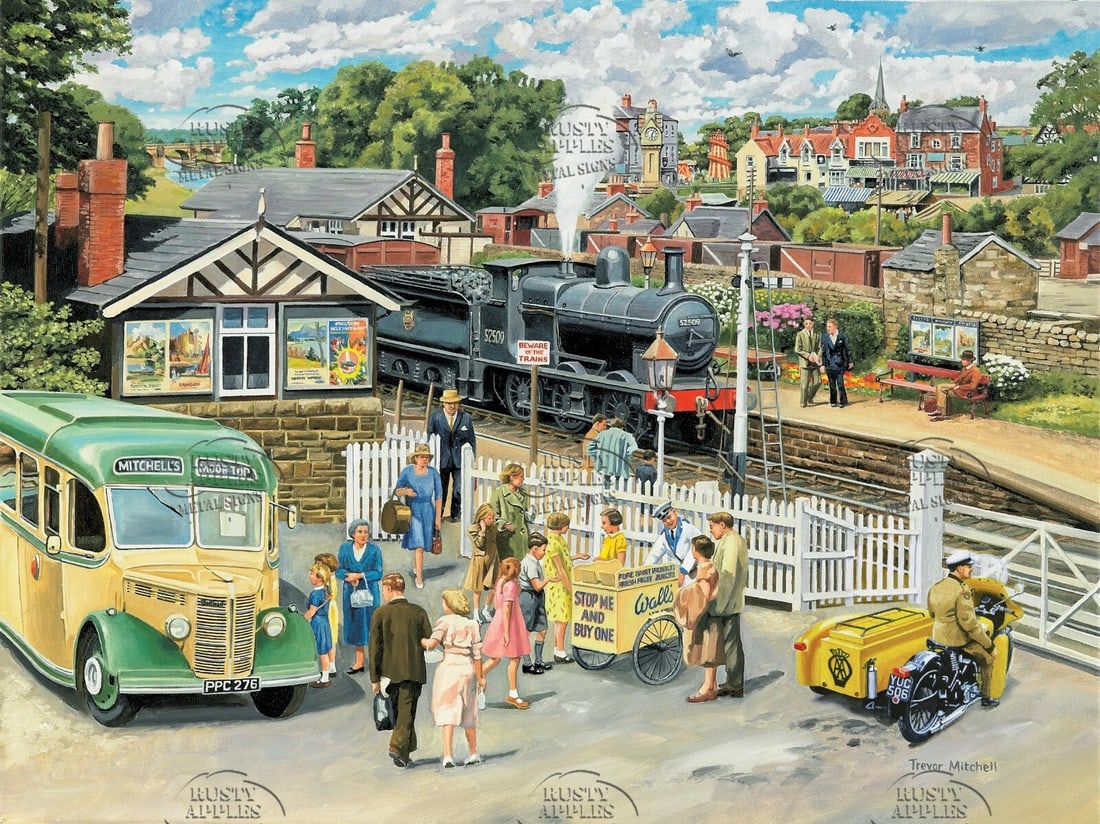 1960's Village Train Station Platform Day Trip Coach Summer Scene Metal Wall Art: Title: 1960's Village Train Station Platform Day Trip Coach Summer Scene Metal Wall Art Description: ★ Approx Size 12” x 8” (Inches) 300 x 200 (mm).
