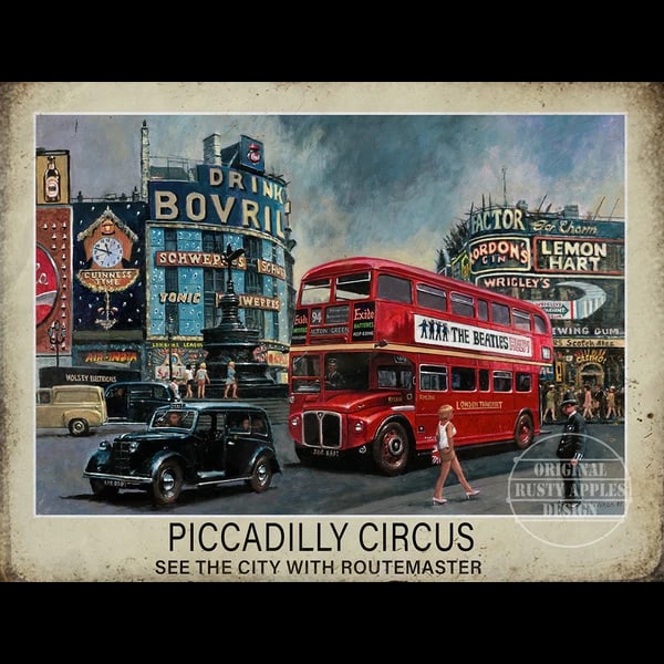 Iconic Red Routemaster Bus Piccadilly Circus London Large Metal Wall Art: Title: Iconic Red Routemaster Bus Piccadilly Circus London Large Metal Wall Art Description: ★ Approx Size 12” x 8” (Inches) 300 x 200 (mm). ύ