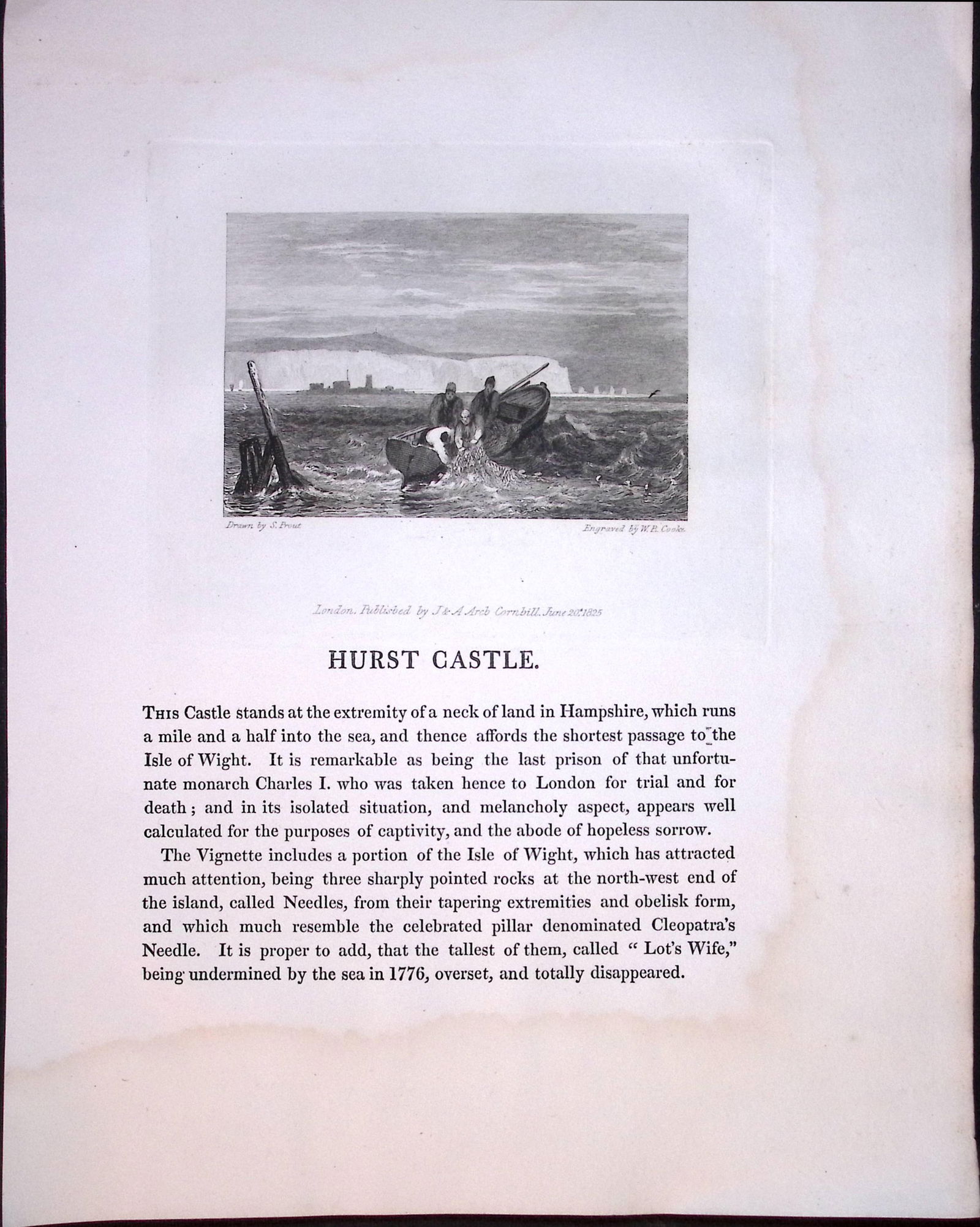 J.M.W Turner ""Hampshire Hurst Castle” Views from a Southern Coast Rare Engraving-67: Title: J.M.W Turner "Hampshire Hurst Castle” Views from a Southern Coast Rare Engraving-67 Description: This Rare After J.M.W. Turner Copper Engraved Plate Was Removed from a