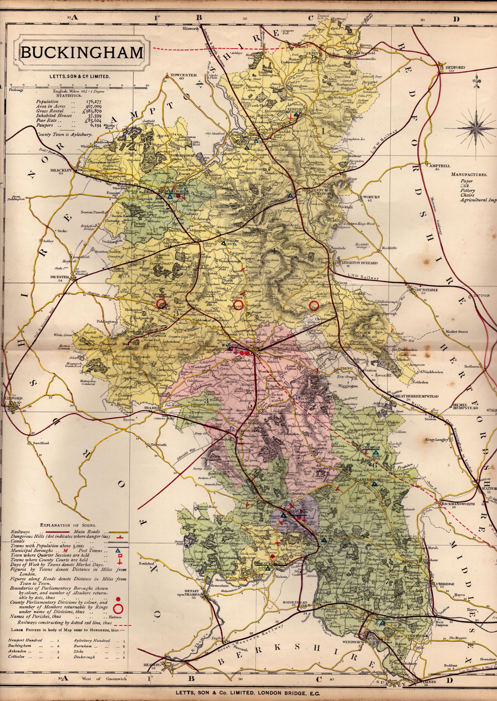 County Of Buckinghamshire Large Victorian Letts 1884 Antique Coloured Map.: Title: County Of Buckinghamshire Large Victorian Letts 1884 Antique Coloured Map. Description: Antique Map Which Was Removed from an Edition of Letts Popular Atlas.