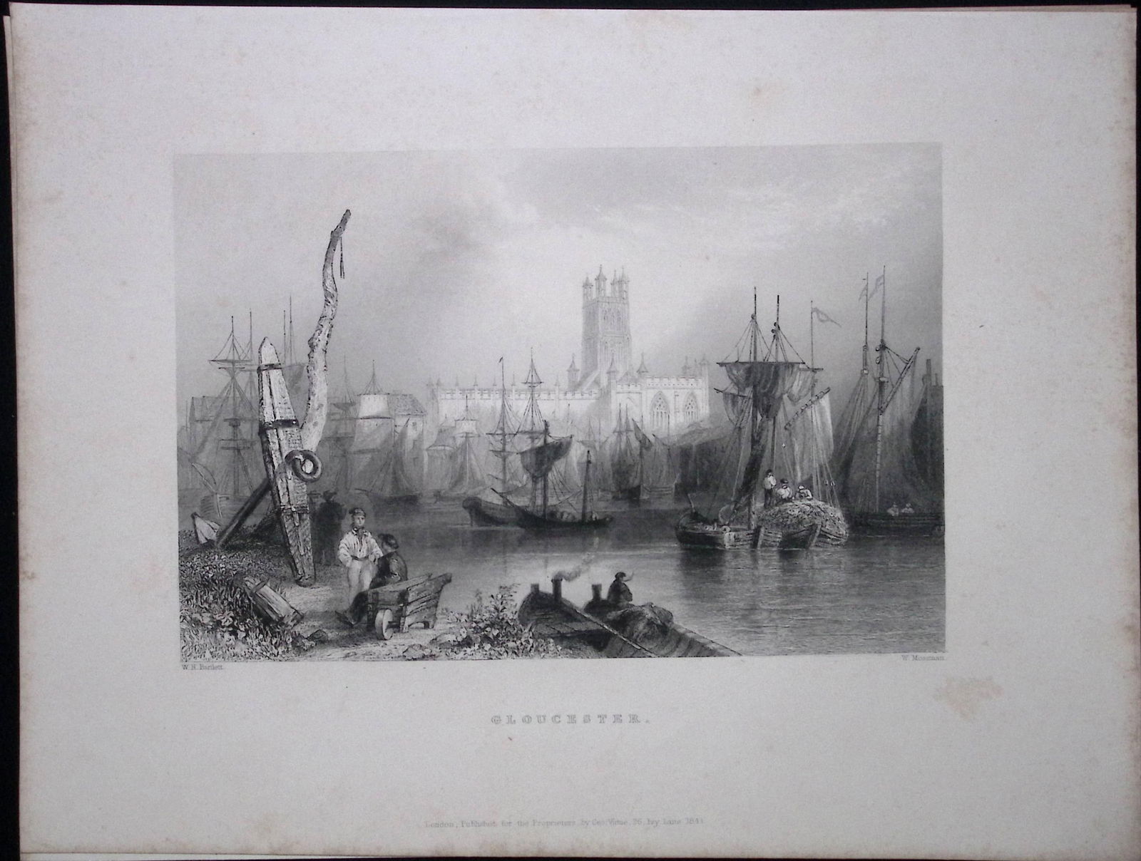 Gloucester Town & Harbour WH Bartlett 1842 Antique Steel Engraving-97 (1 of 2)