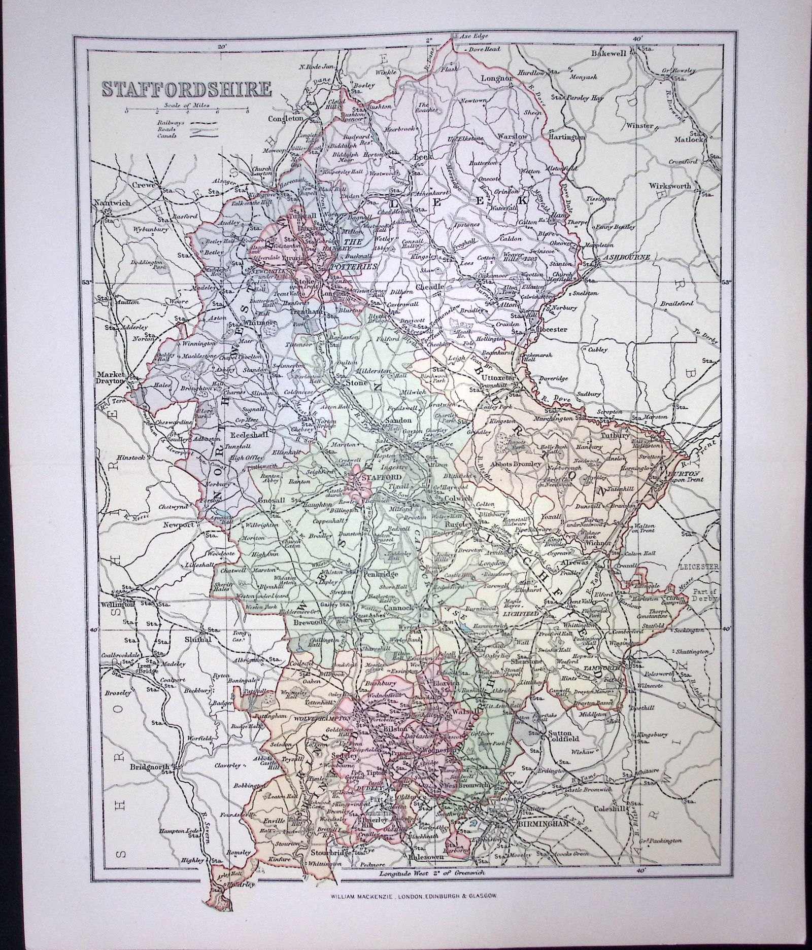 Staffordshire Detailed 1894 Antique Coloured 130 Years-Old Map.: Title: Staffordshire Detailed 1894 Antique Coloured 130 Years-Old Map. Description: This is an 1894 Antique Coloured Map Which Has Been Removed. From an Antique Edition of 'The Comprehensive