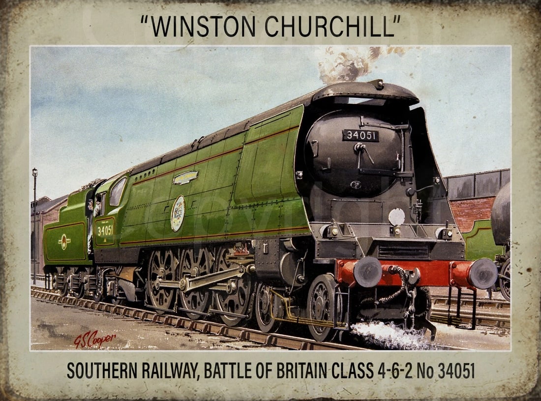 Pacific 34051 Battle of Britain Winston Churchill Train Poster Metal Wall Art: Title: Pacific 34051 Battle of Britain Winston Churchill Train Poster Metal Wall Art Description: ★ Approx Size 12” x 8” (Inches) 300 x 200 (mm).