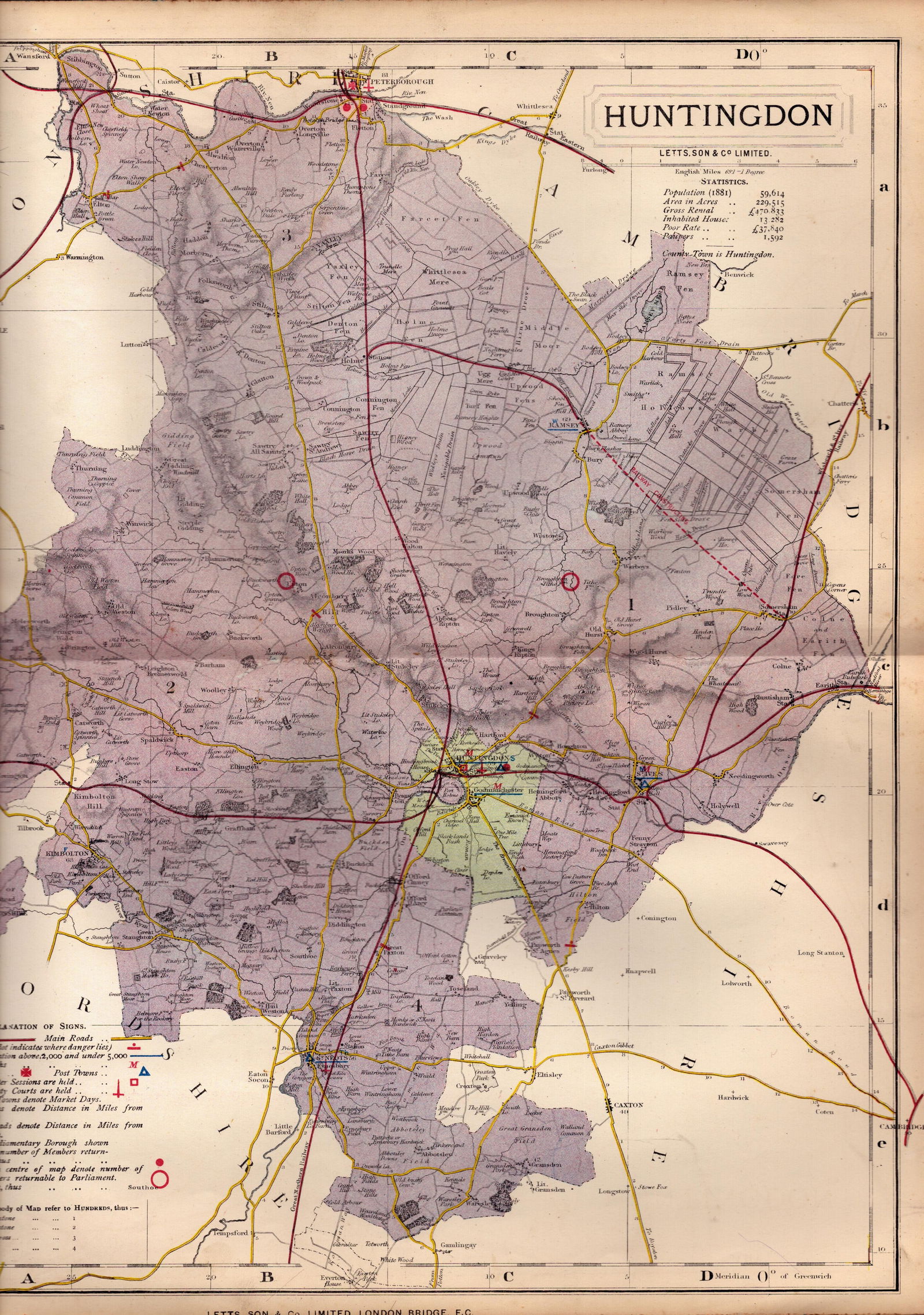 County of Huntingdonshire Large Victorian Letts 1884 Antique Coloured Map.: Title: County of Huntingdonshire Large Victorian Letts 1884 Antique Coloured Map. Description: Antique Map Which Was Removed from an Edition of Letts Popular Atlas.
