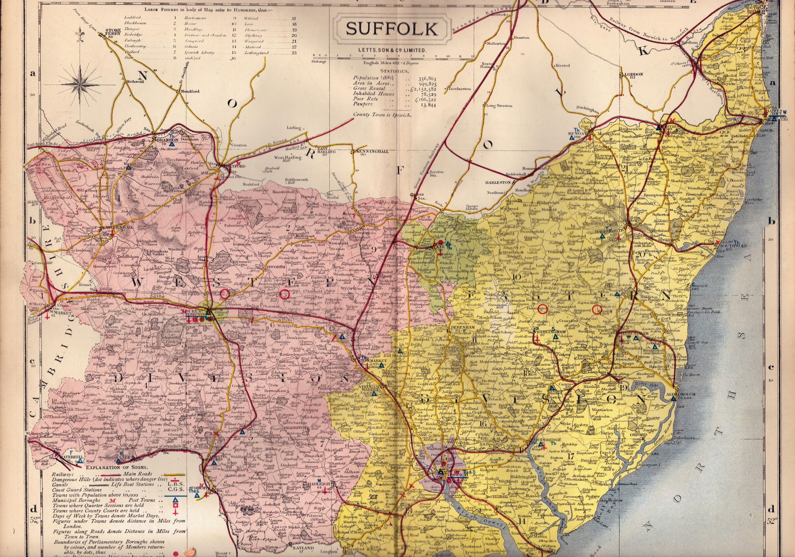 The County of Suffolk Large Victorian Letts 1884 Antique Coloured Map.: Title: The County of Suffolk Large Victorian Letts 1884 Antique Coloured Map. Description: Antique Map Which Was Removed from an Edition of Letts Popular Atlas. Pub