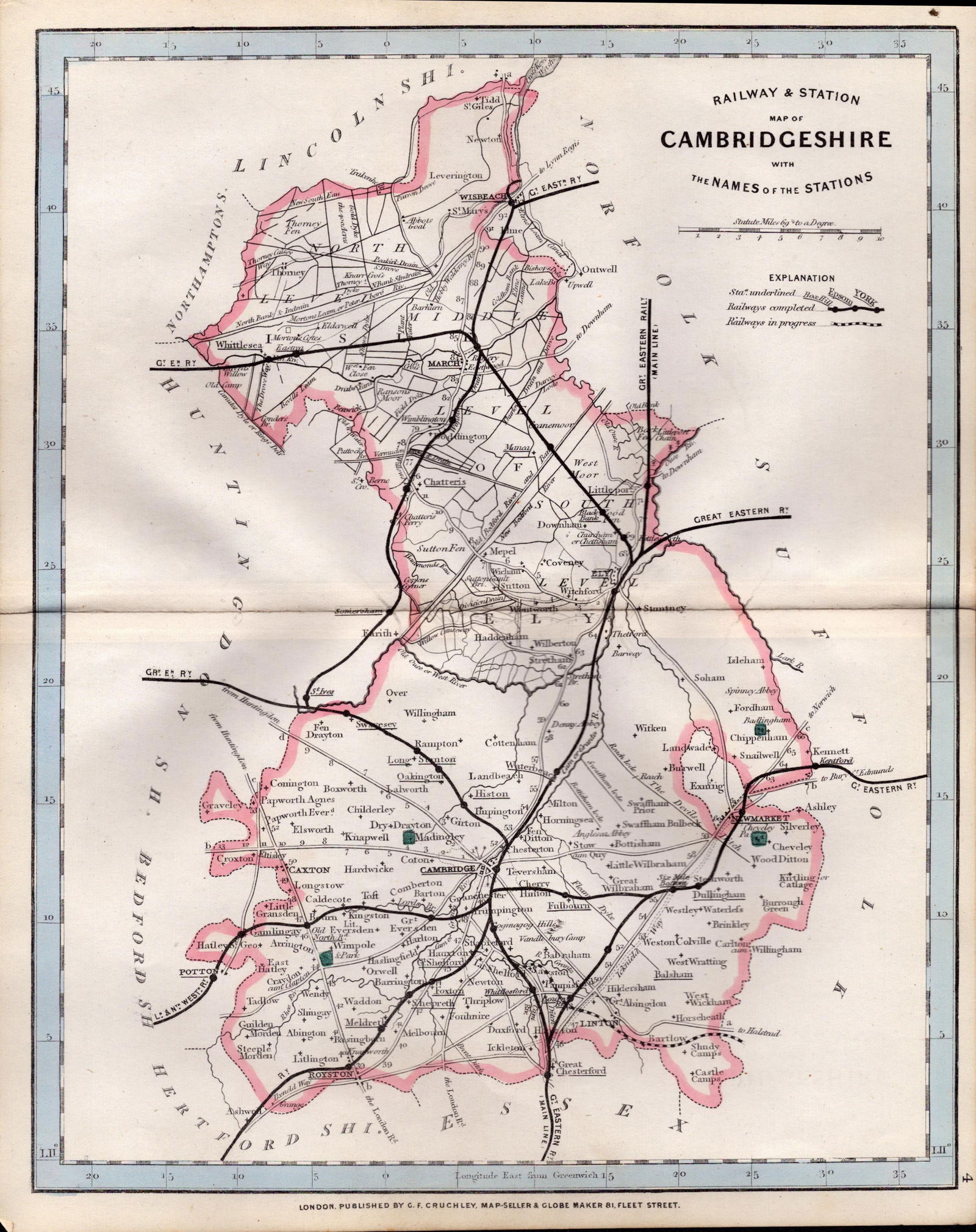 Cambridgeshire Cruchley Scarce Antique Railways & Stations Coloured Map.: Title: Cambridgeshire Cruchley Scarce Antique Railways & Stations Coloured Map. Description: This 160 Years-Old Antique Coloured Lithographic Map Was Removed from An Edition of.<