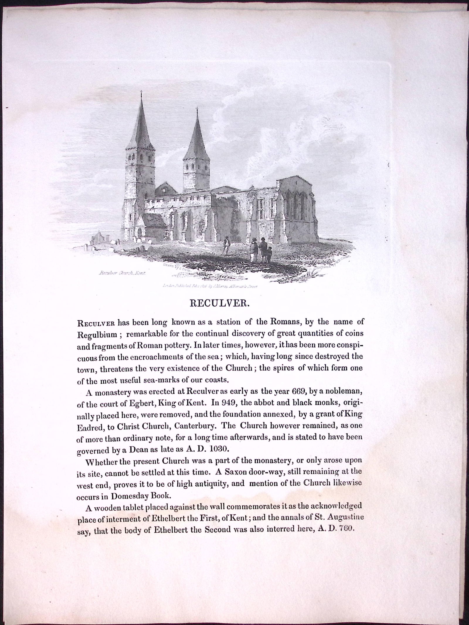 J.M.W Turner “Kent-Reculver Church” Views from a Southern Coast Rare Engraving-50: Title: J.M.W Turner “Kent-Reculver Church” Views from a Southern Coast Rare Engraving-50 Description: This Rare After J.M.W. Turner Copper Engraved Plate Was Removed from