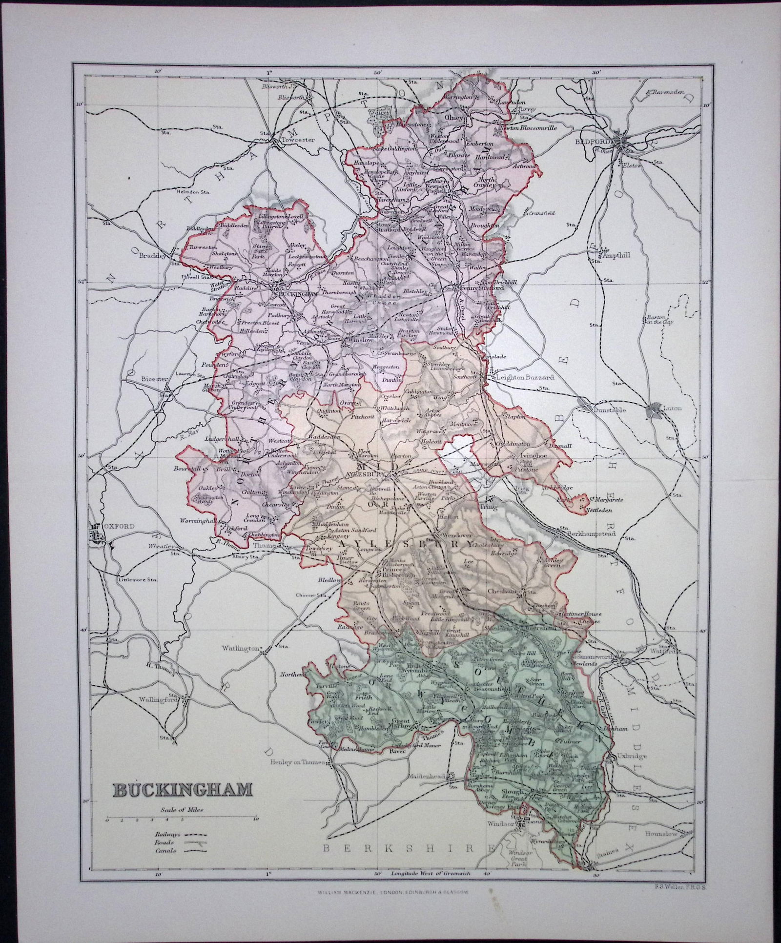 Buckinghamshire Detailed 1894 Coloured Antique 130 Years-Old Map.: Title: Buckinghamshire Detailed 1894 Coloured Antique 130 Years-Old Map. Description: This is an 1894 Antique Coloured Map Which Has Been Removed. From an Antique Edition of 'The Comprehensive