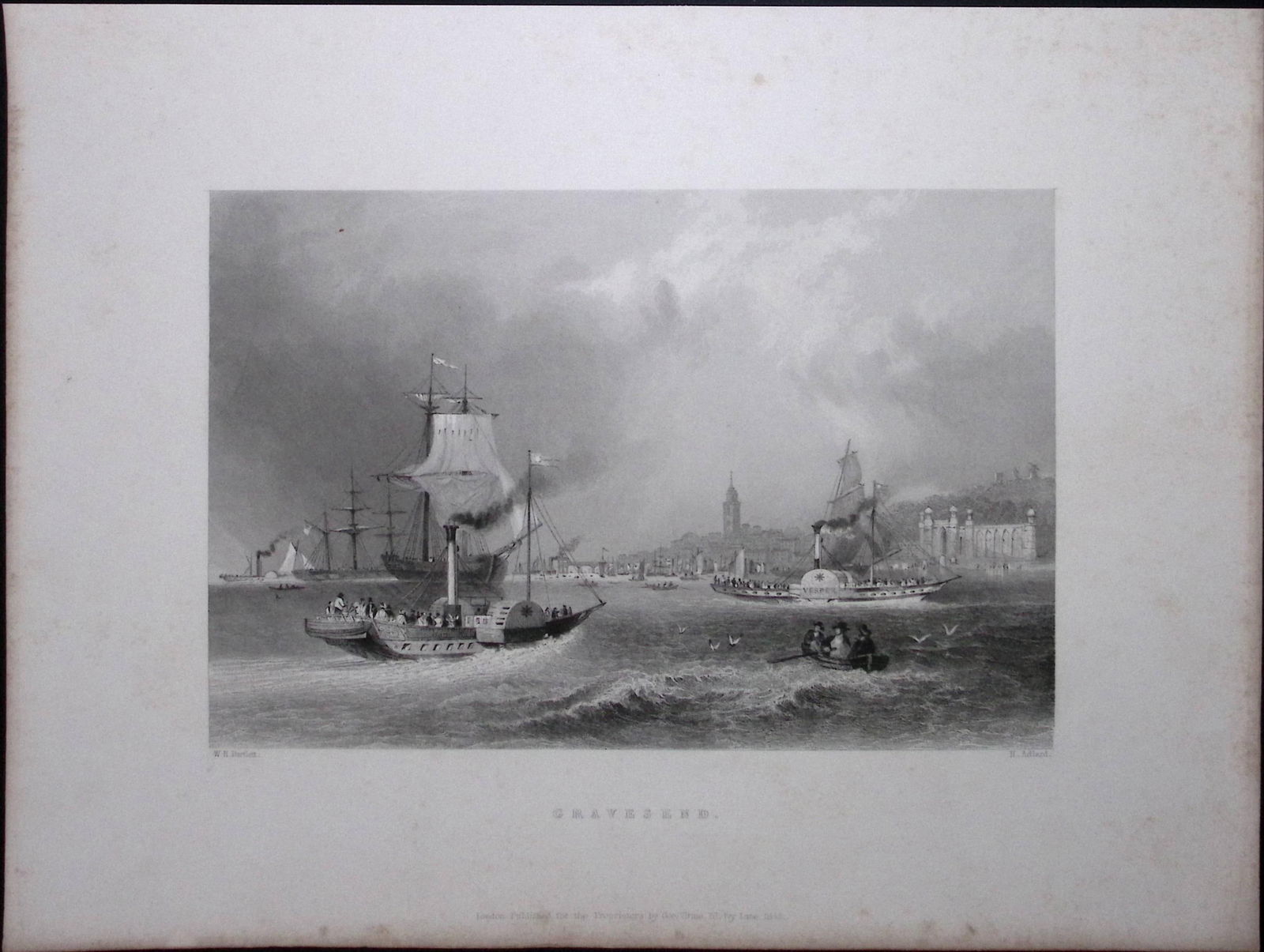 Kent Gravesend Harbour WH Bartlett 183 Years-Old Antique Steel Engraving-62: Title: Kent Gravesend Harbour WH Bartlett 183 Years-Old Antique Steel Engraving-62 Description: This Steel Engraved Print Has Been Removed from an Antique 1842 Edition of.<