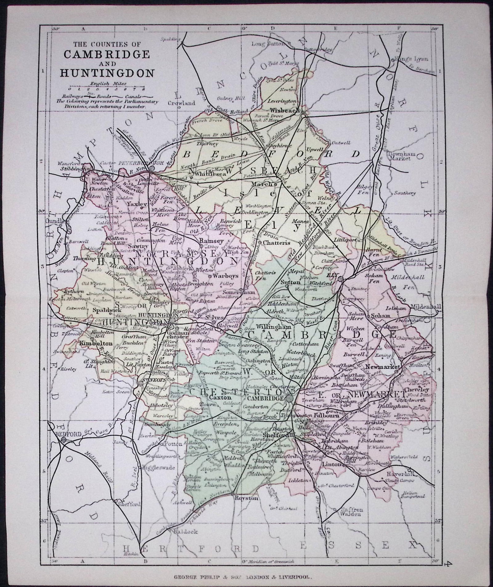 County Of Cambridgeshire 1895 Antique Victorian Coloured Map.: Title: County Of Cambridgeshire 1895 Antique Victorian Coloured Map. Description: This Coloured Detailed Map Was Removed from an Antique Edition of. Philips Handy A