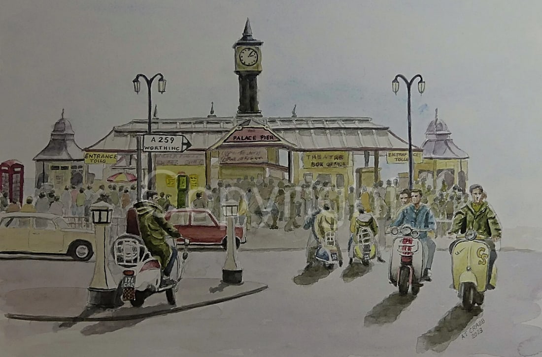 Mod Outside Brighton Pier Nostalgic 1960's Scene Large Metal Wall Art: Title: Mod Outside Brighton Pier Nostalgic 1960's Scene Large Metal Wall Art Description: ★ Approx Size 12” x 8” (Inches) 300 x 200 (mm). ★