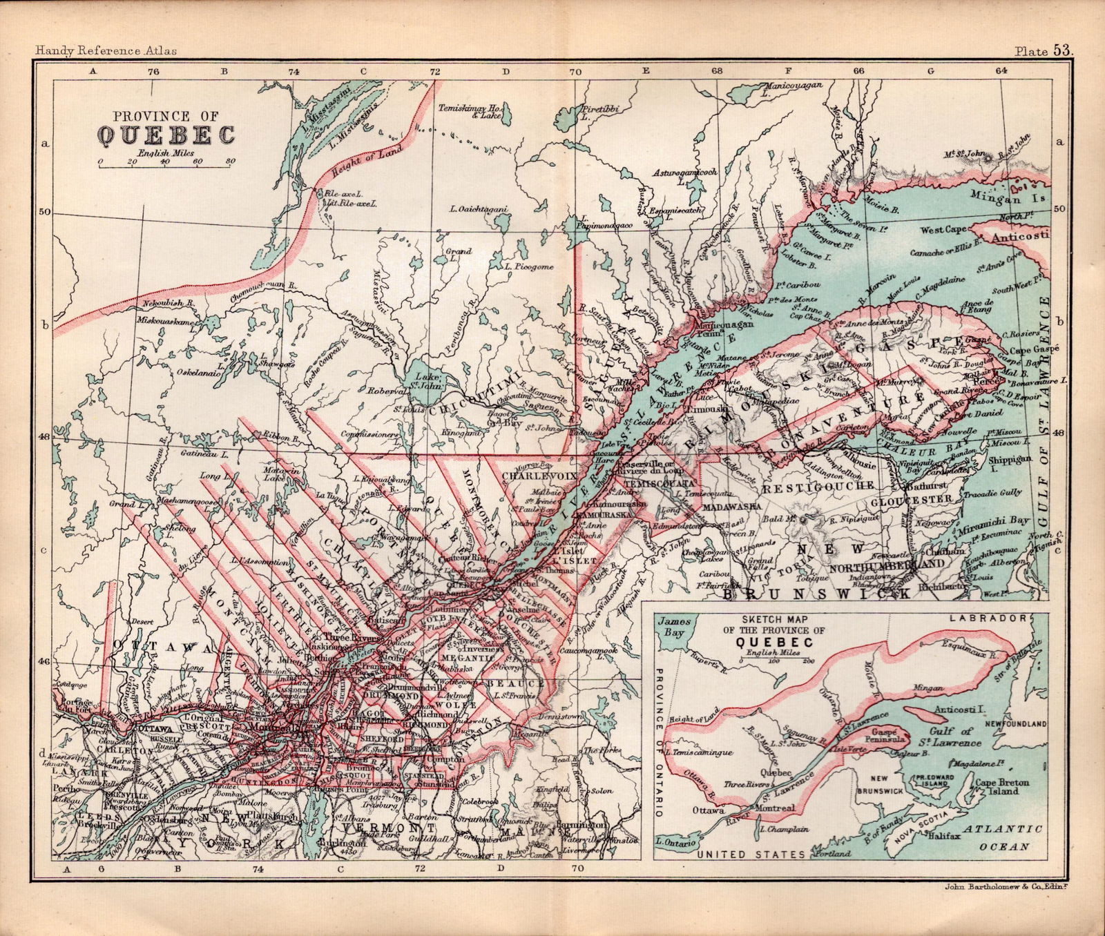Canada Quebec Province Double Sided Antique 1896 Map.53: Title: Canada Quebec Province Double Sided Antique 1896 Map.53 Description: This Double-Sided Map Has Been Removed From an. 1896 Edition Handy Reference Atlas by J.
