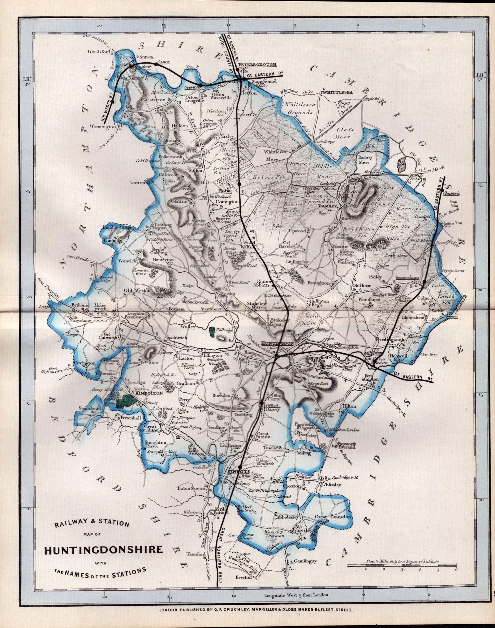 Huntingdon Cambridgeshire Cruchley Scarce Antique Railways & Stations Coloured Map.: Title: Huntingdon Cambridgeshire Cruchley Scarce Antique Railways & Stations Coloured Map. Description: This 160 Years-Old Antique Coloured Lithographic Map Was Removed from An E