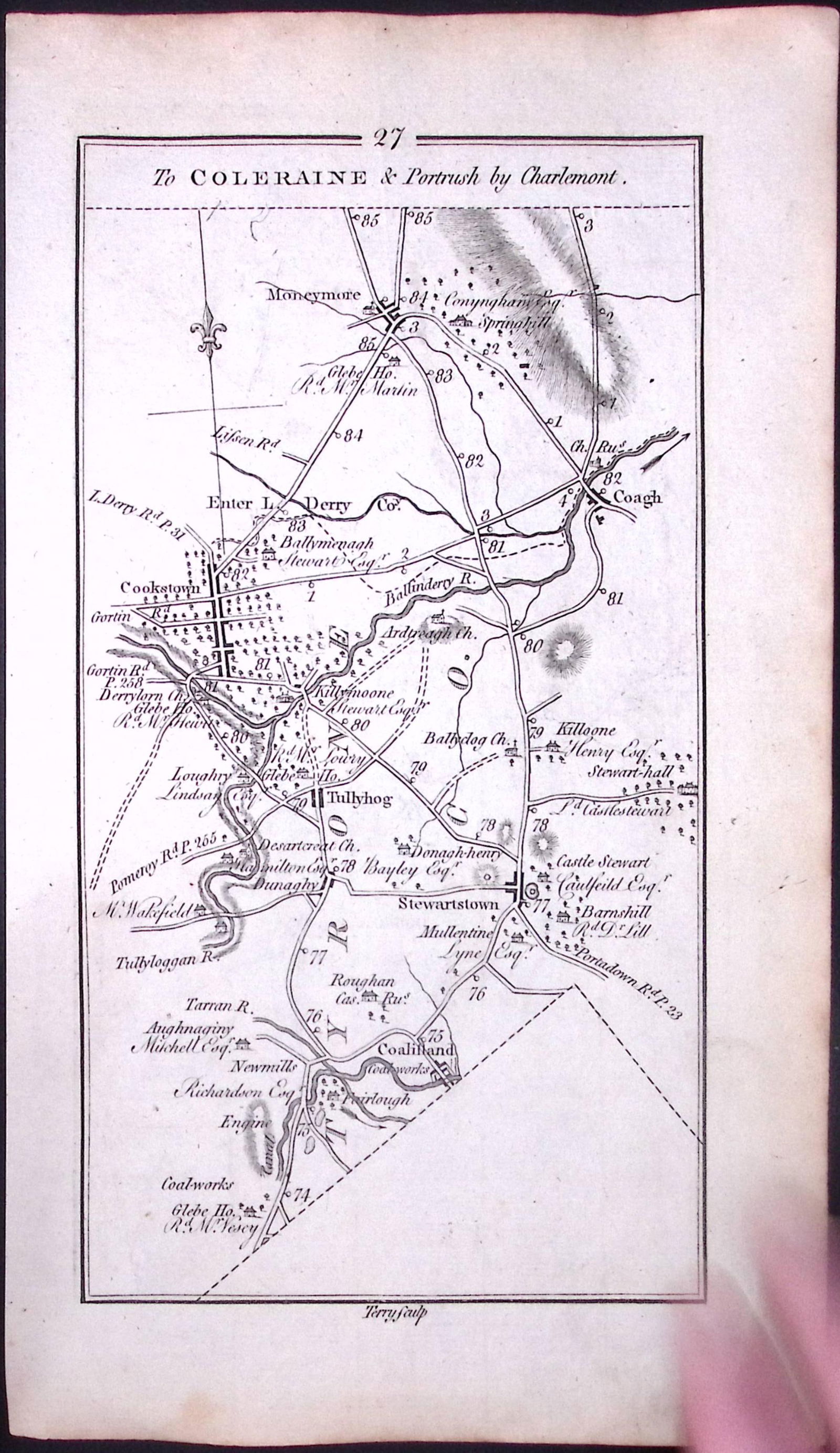 Ireland 245 Years -Old Antique Road Map Coleraine & Portrush -28 - 2