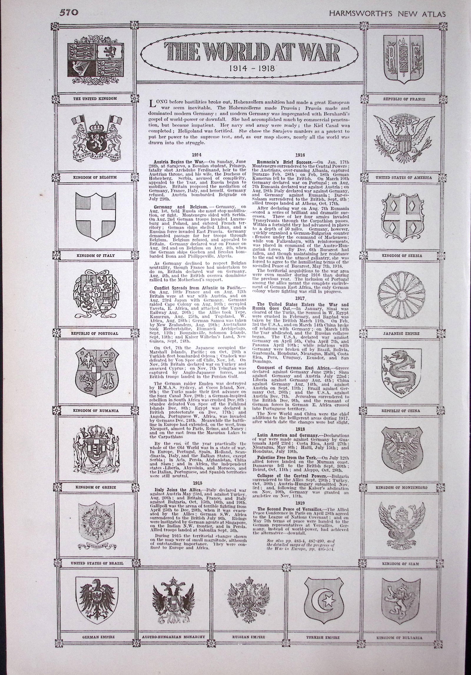 WW1 The World At War 1914-1918 Coloured Antique Detailed Map 1922. - 2