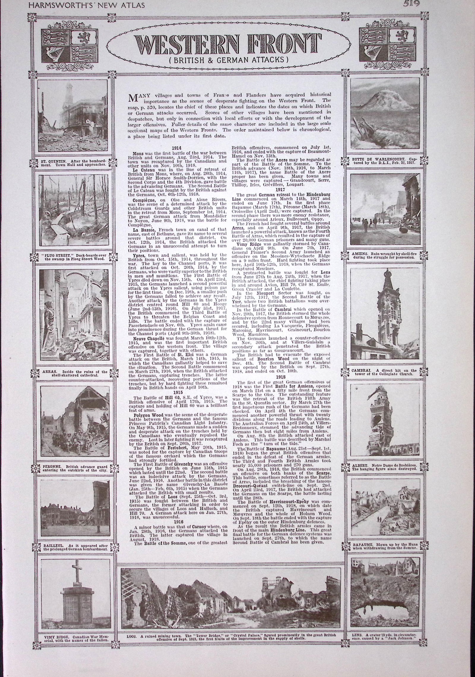 WW 1 Battle Lines Western Front British & German Detailed Lines Antique Map 1922. - 2