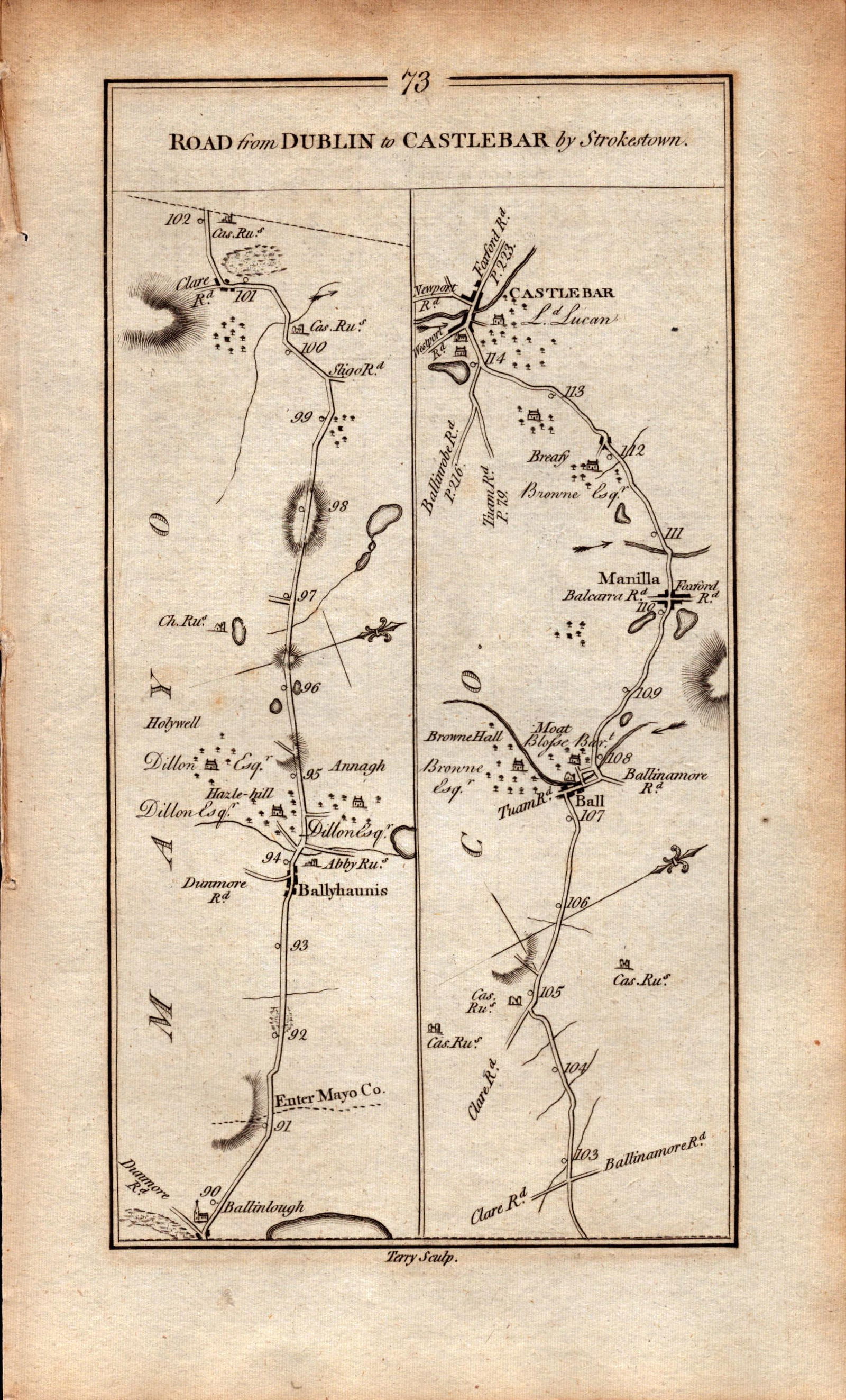 Ireland Rare Antique 1777 Road Map Dublin To Galway By Athlone - 2