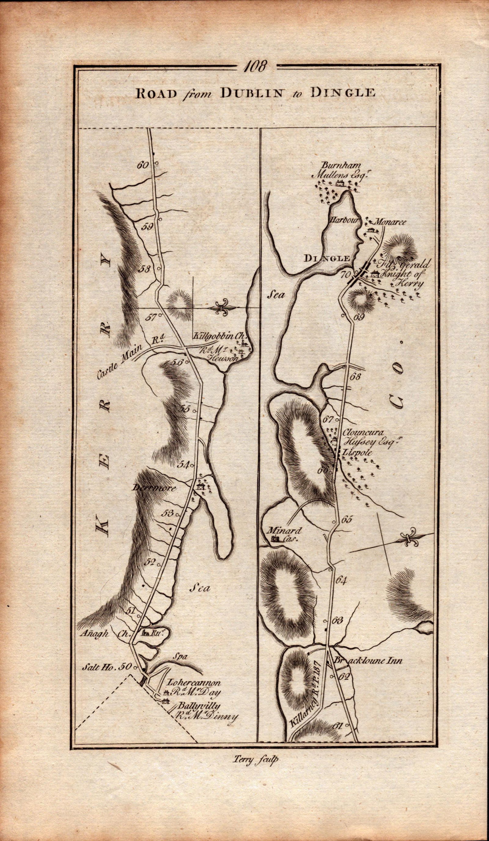 Ireland Rare Antique 1777 Detailed Road Map From Dublin to Tralee Dingle Kerry - 2