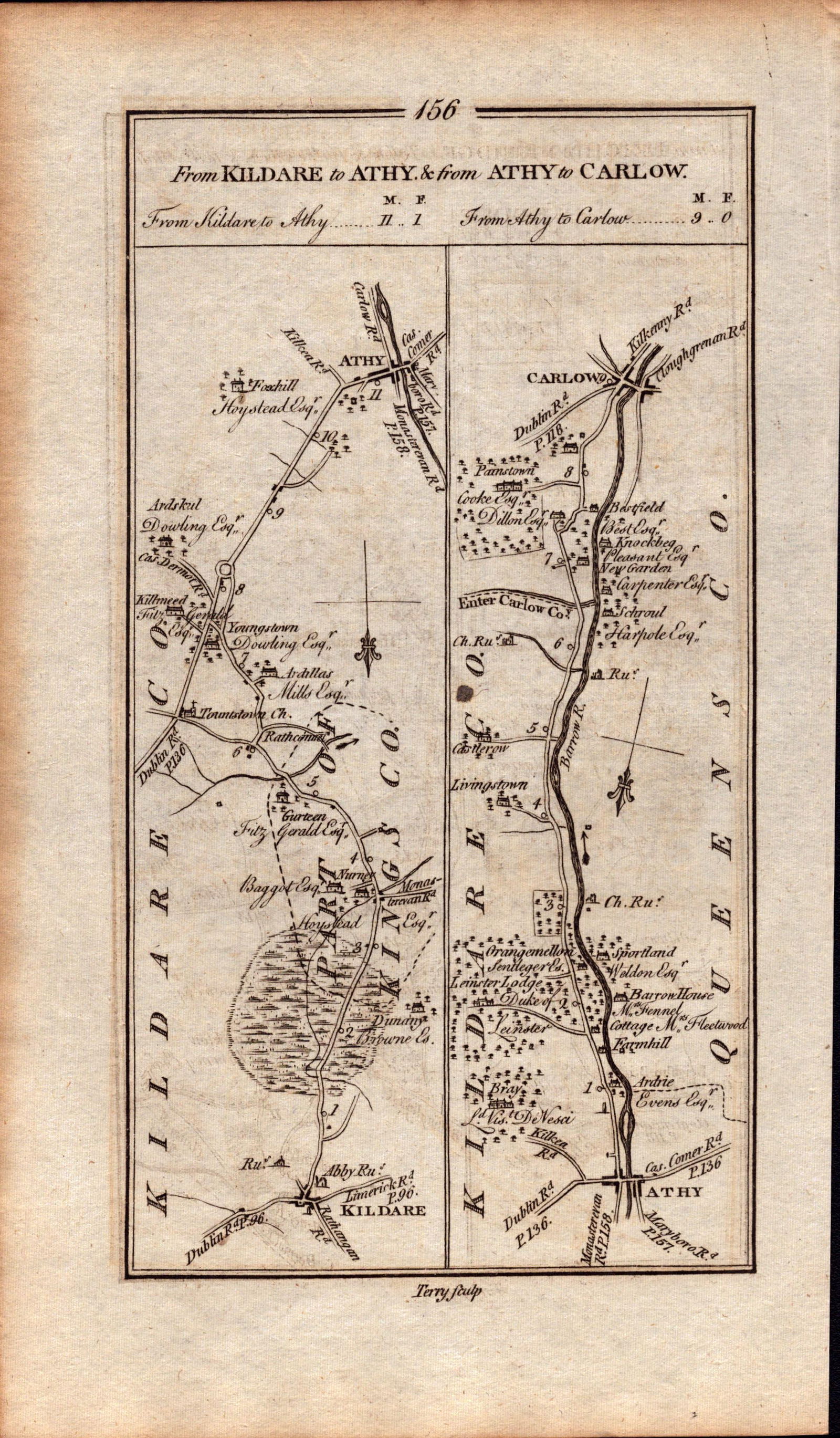 Ireland Rare Antique 1777 Road Map Kildare to Athy And to Carlow-156 - 2