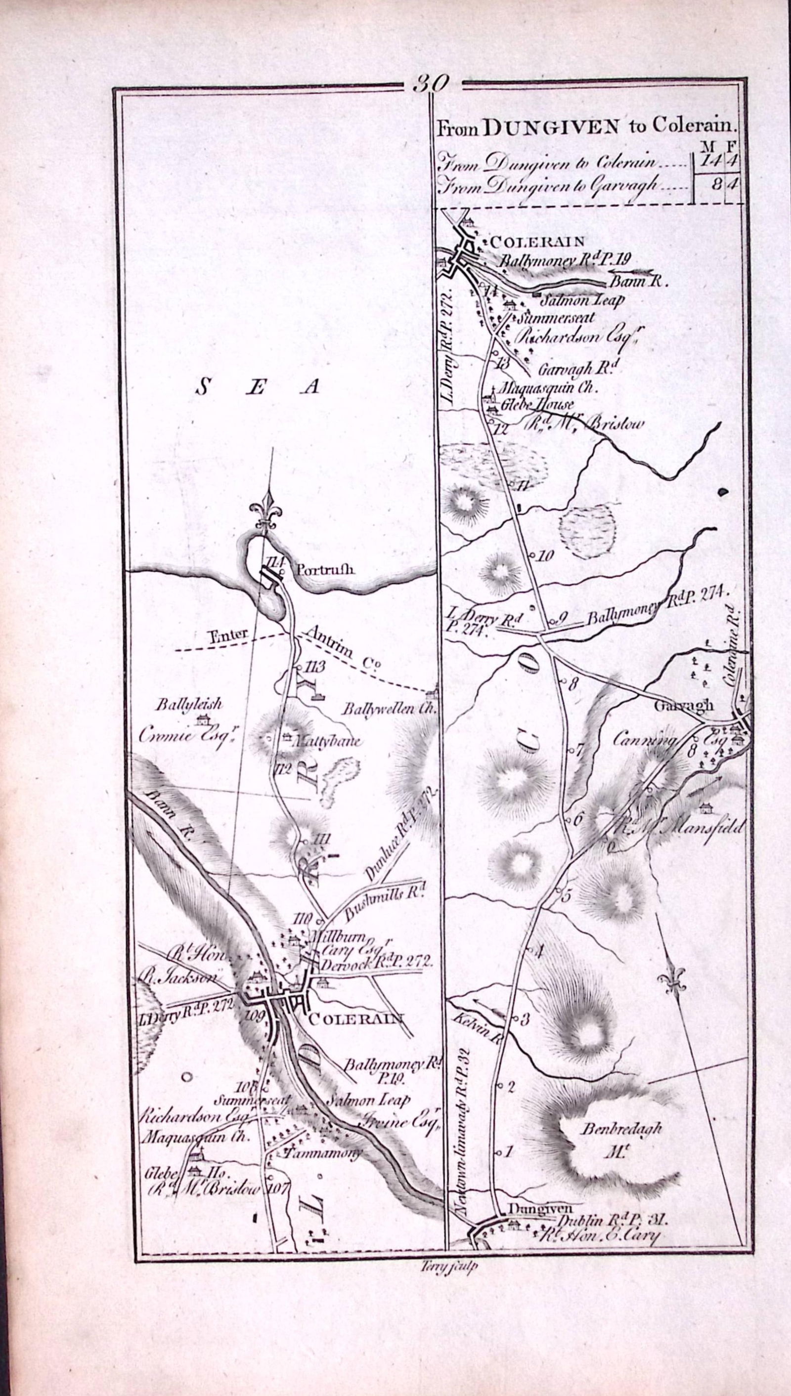 Ireland 245 Years -Old Antique Road Map Colerain, Portrush, Antrim-30 - 2